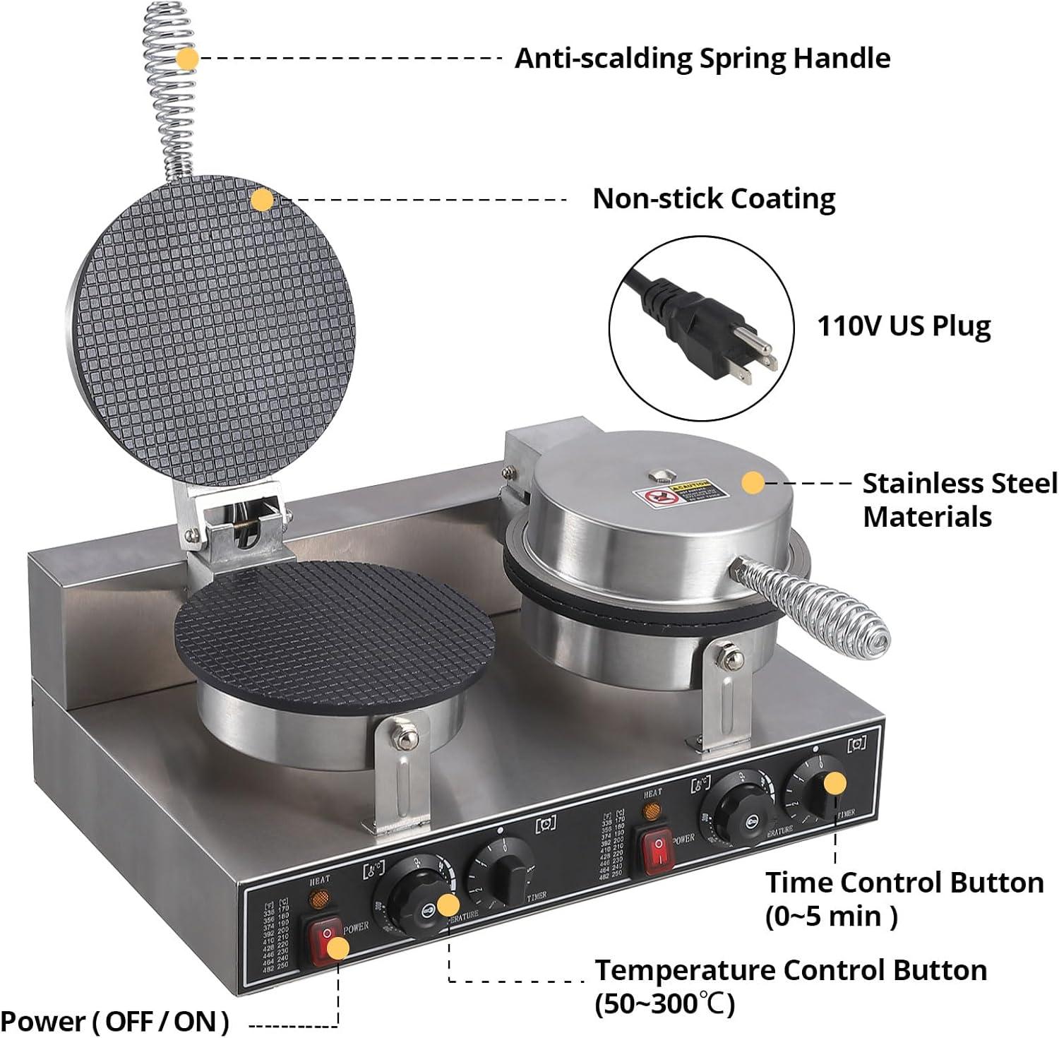 Stainless Steel Double-Head Non-Stick Waffle Cone Maker with Timer