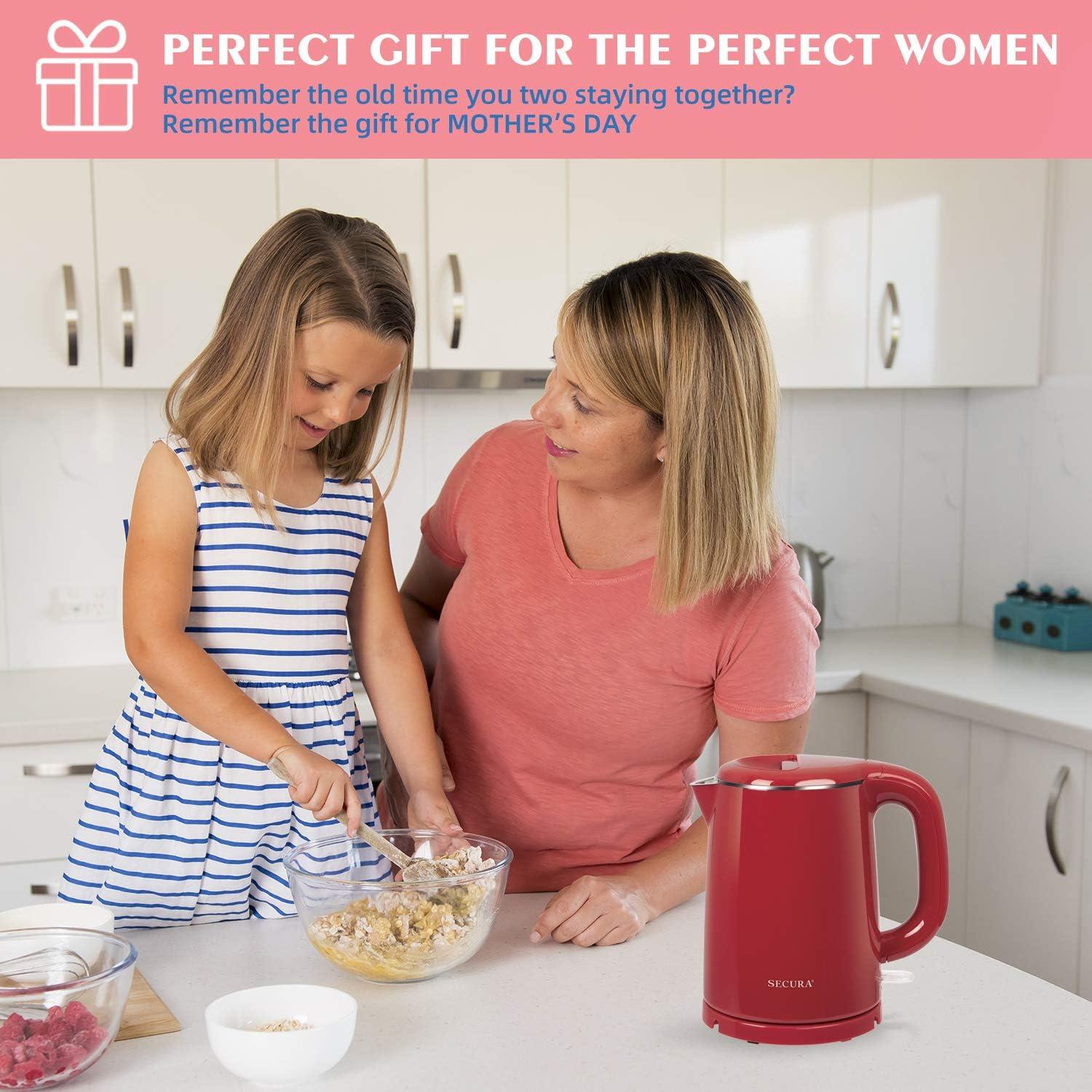 Secura Stainless Steel Double Wall Electric Kettle Water Heater for Tea Coffee w/Auto Shut-Off and Boil-Dry Protection, 1.0L (Red) SWK-1001DR/HB-K012