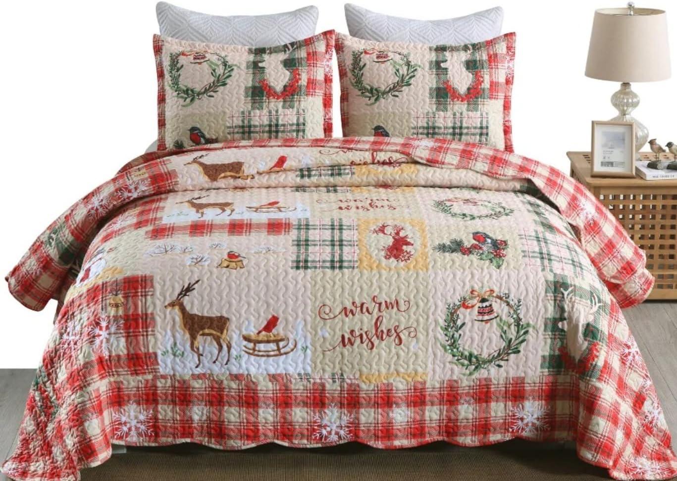 Christmas Quilt Set, Reversible Bedspread Coverlet, Lightweight Bed Cover, 1 Quilt 2 Pillow Shams