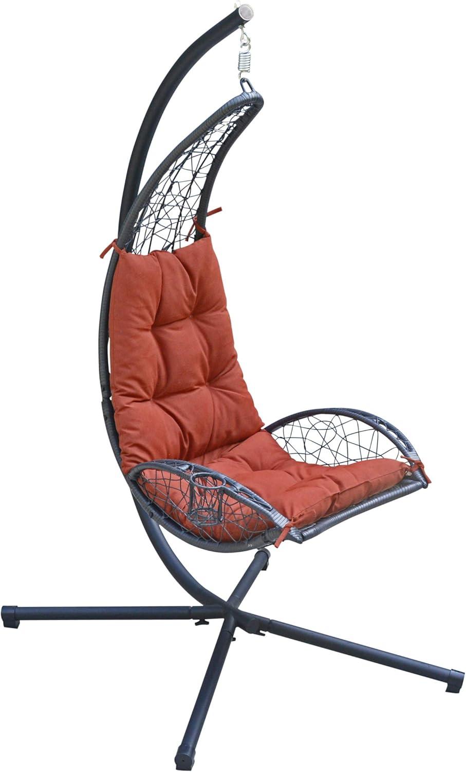 Cushioned Rattan Wicker Hanging Chair with Stand - Terra Cotta - Algoma: Outdoor Patio Furniture, UV Resistant