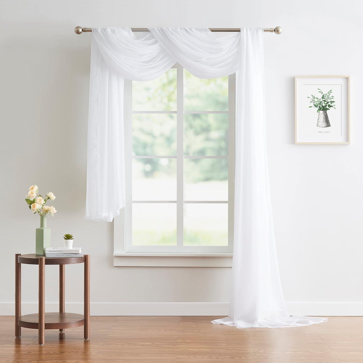 Warm Home Designs 18 Feet Sheer White Window Scarf. Valance Scarves are 55 x 216 Inches in Size.