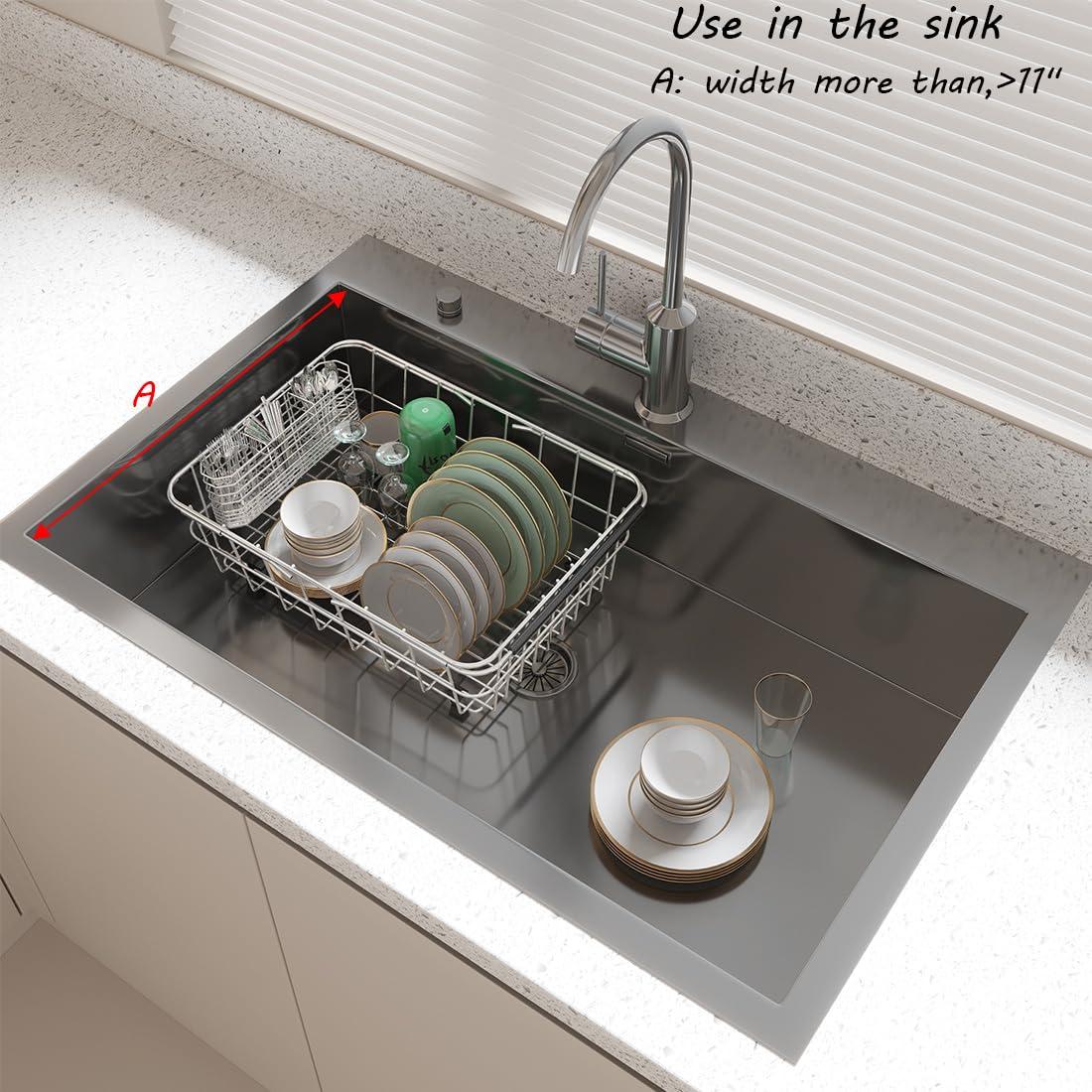 Expandable Sink Dish Drying Rack for Kitchen Counter,Durable 304 Stainless Steel Dish Drainer with Utensil Holder Over Sink,with Utensil Holder-Large(for 2-5 People)