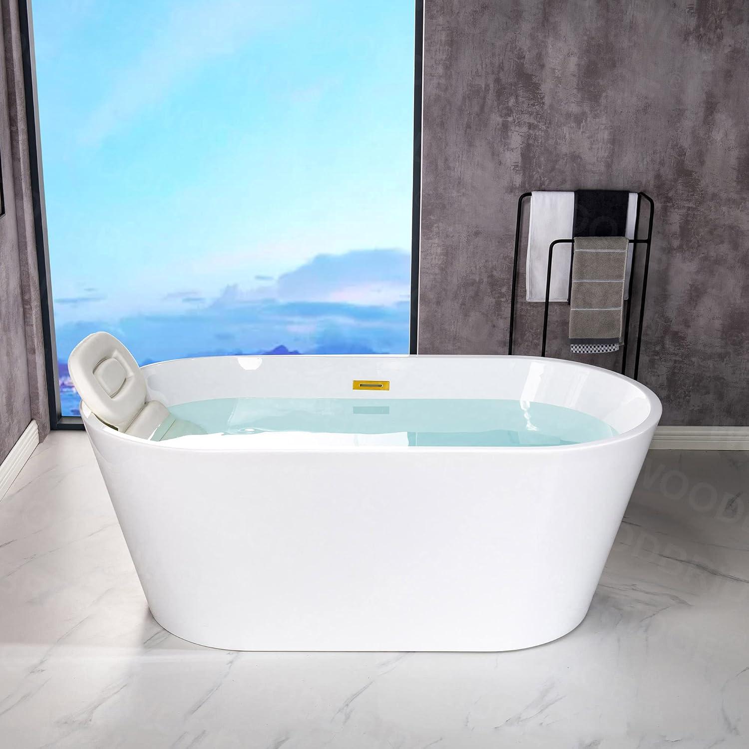 WOODBRIDGE 54" Acrylic Freestanding Bathtub Contemporary Soaking White Tub with Brushed Gold Overflow and Drain,B1702-BG