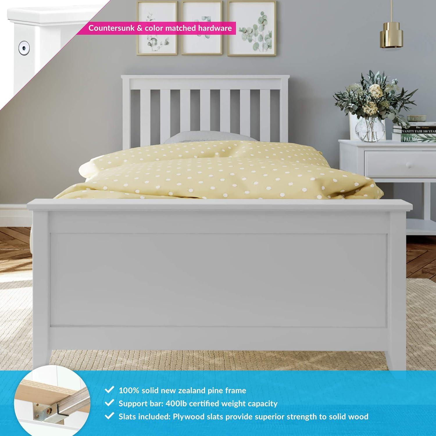 Max & Lily Twin Bed Frame with Headboard, Solid Wood Platform Bed for Kids, White