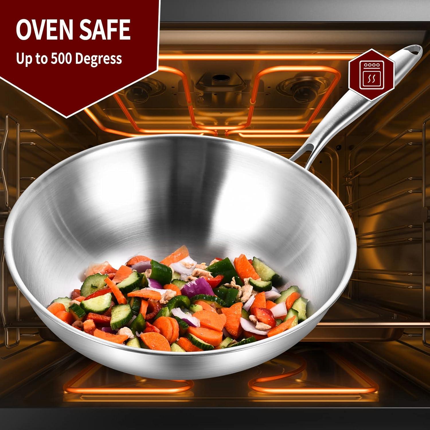 LOLYKITCH 12 Inch Tri-Ply Stainless Steel Wok Pan with Lid, Stir-Frying Pan,Induction Cooking Pan,Dishwasher and Oven Safe,Heavy Duty and Detachable Handle.