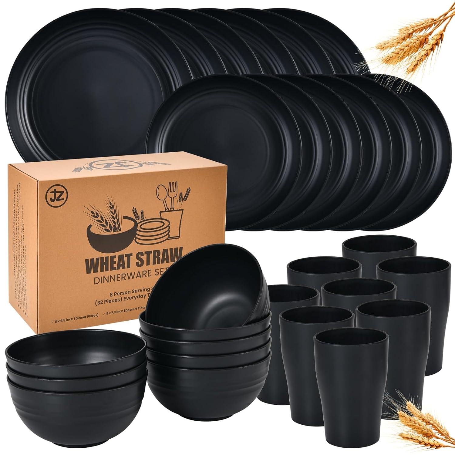 32 Pcs Wheat Straw Dinnerware Sets,Plastic Plates and Bowls Sets for 8,Unbreakable Dinnerware Set,Reusable Lightweight Black Dish Set for Kitchen,Camping,Party,RV,Dishwasher Microwave Safe