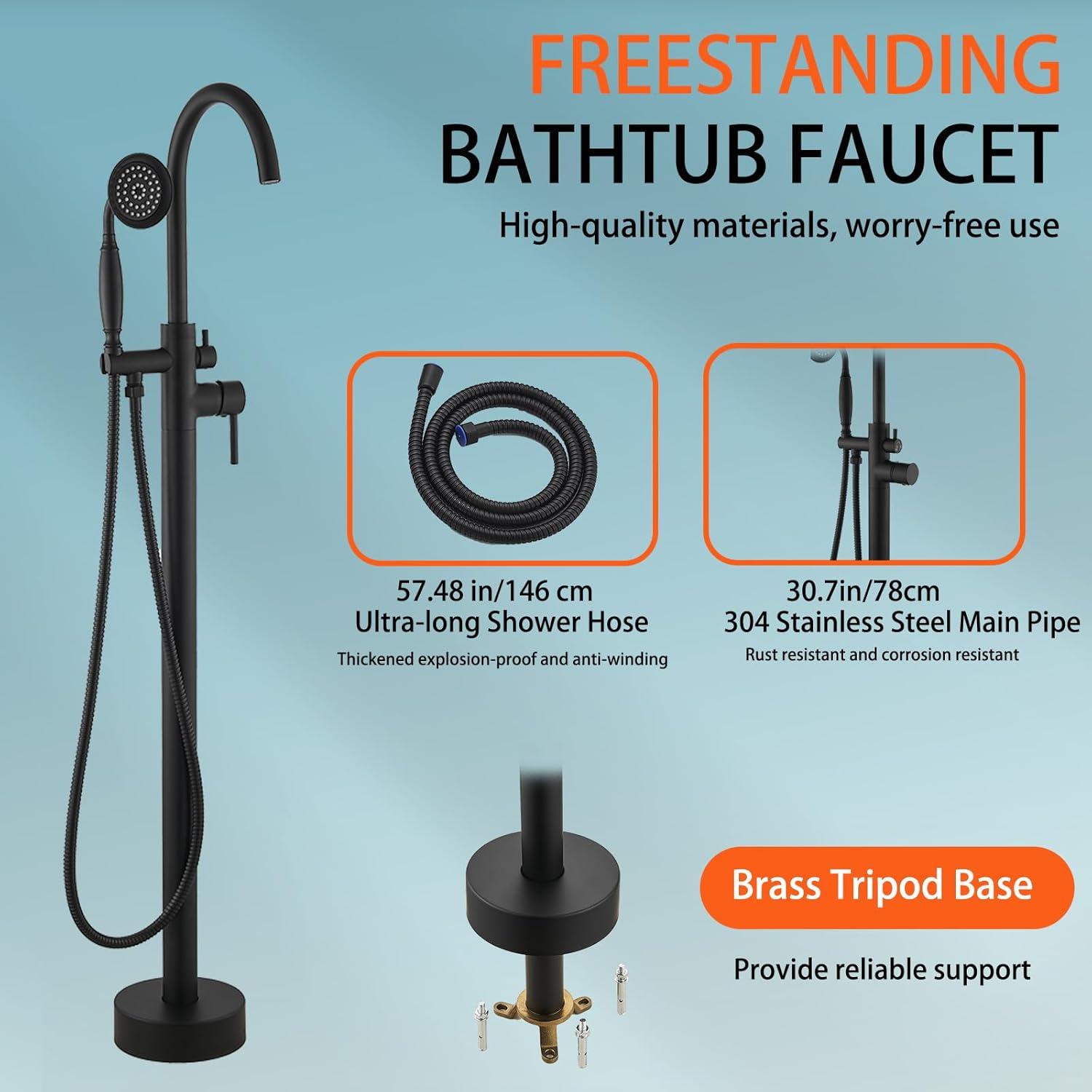 Black Stainless Steel Freestanding Bathtub Faucet with Hand Shower