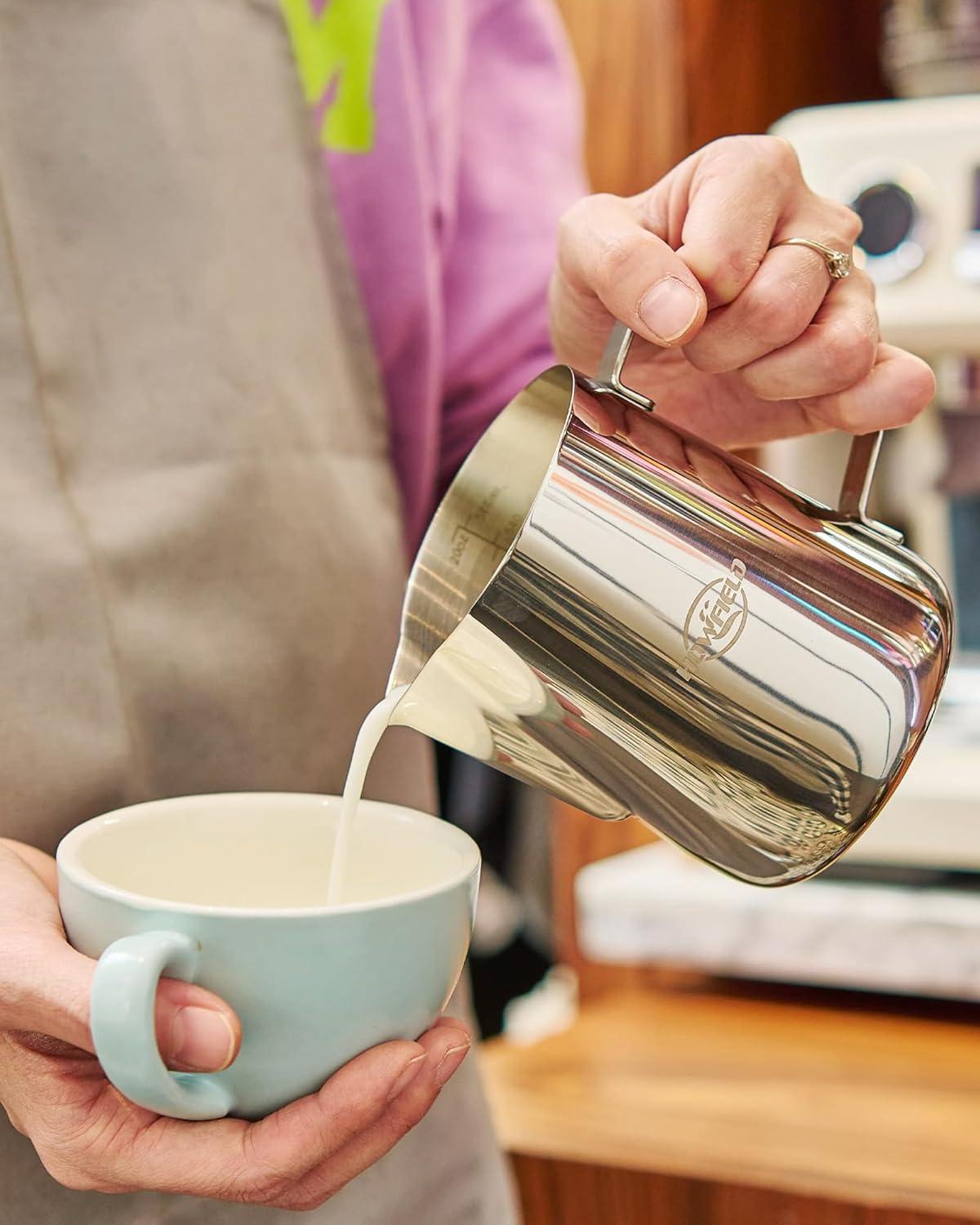 12oz (350ml) Milk Frothing Pitcher 304 Stainless Steel Steaming Jug with Latte Art Pen Anti-Scald Handle & Scale Barista Frother Cup for Cappuccino, Latte, Coffee Accessories