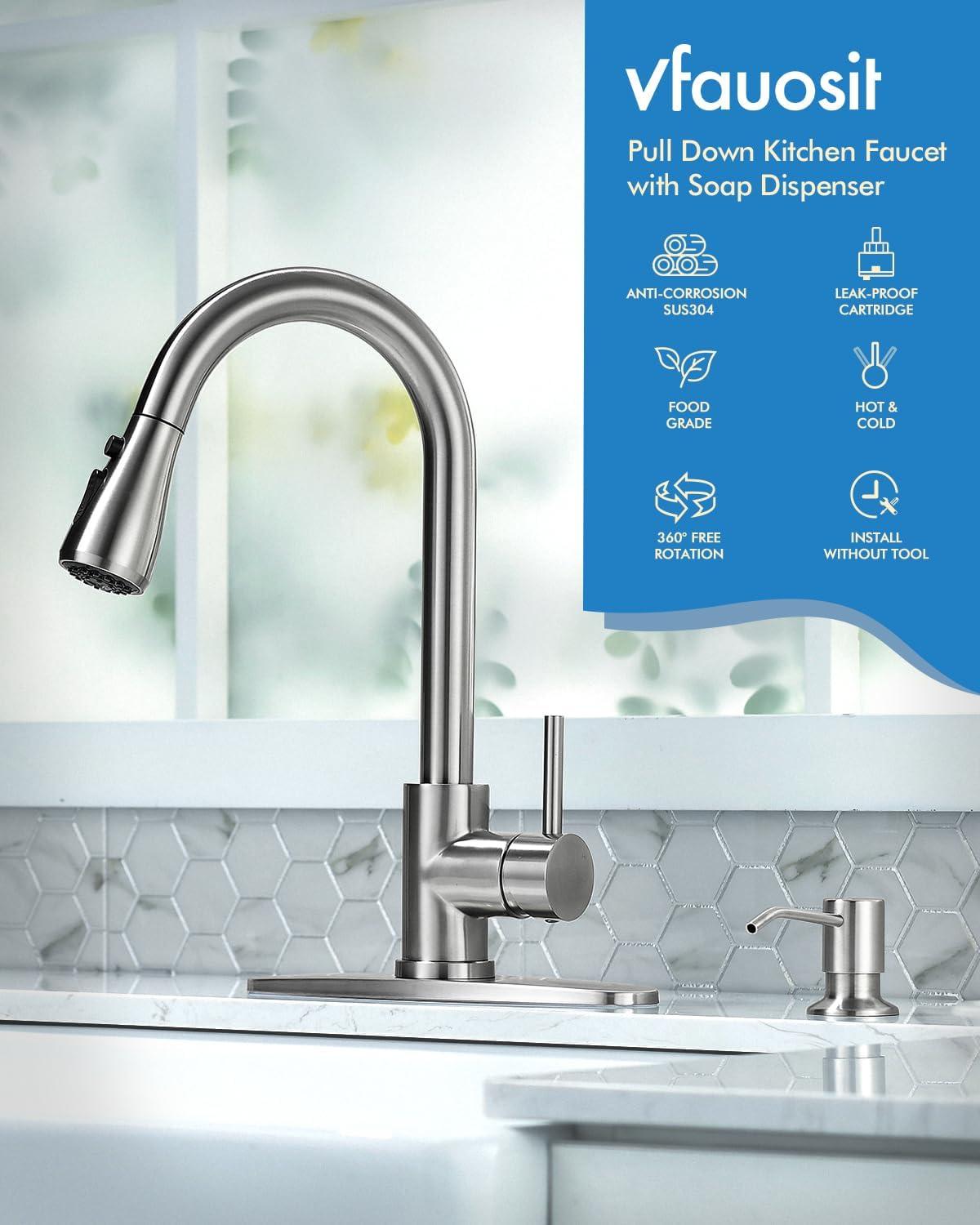 Brushed Nickel Single Handle Pull Down Kitchen Faucet with Soap Dispenser