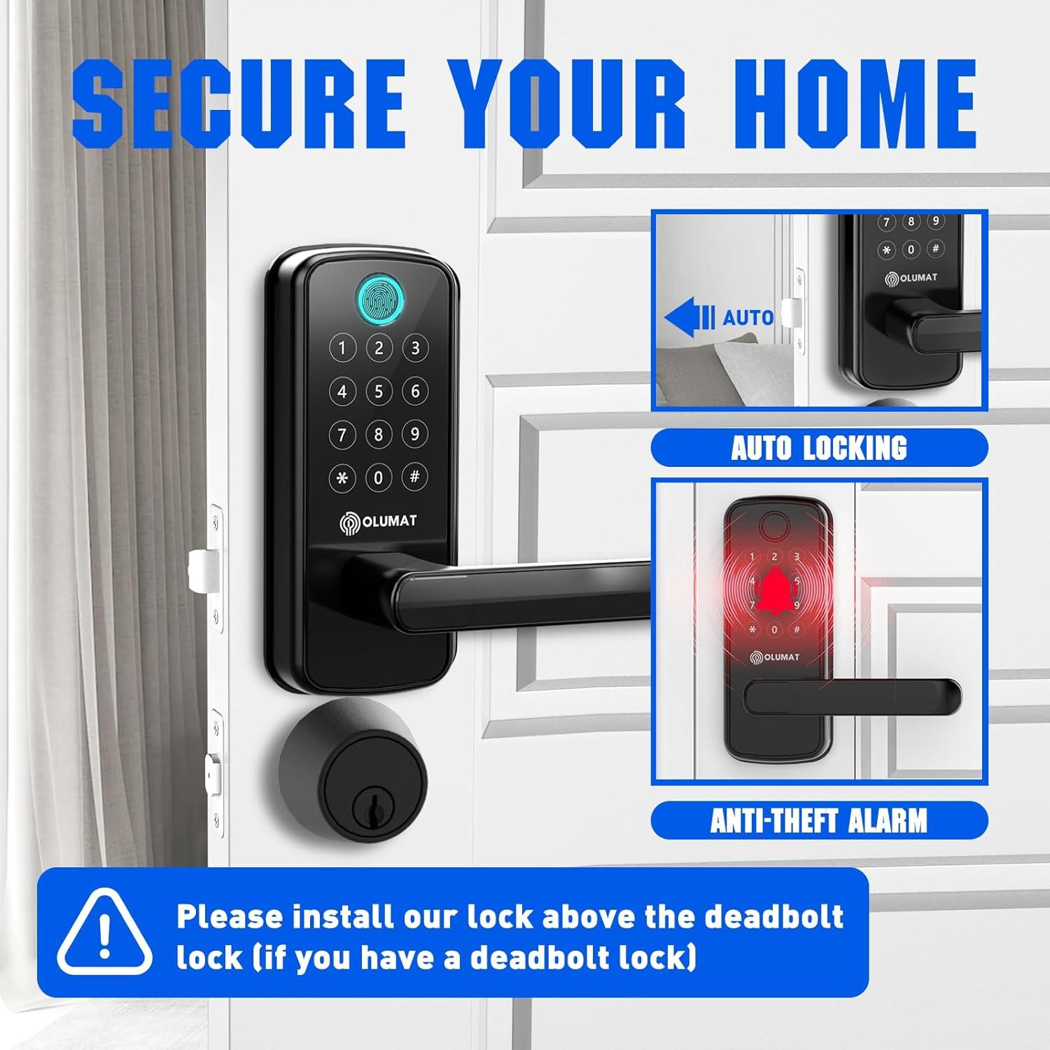 Smart Door Lock, OLUMAT Keyless Entry Door Lock Fingerprint Door Lock with Keypad Digital Door Lock with Handle for Home, Rental, Office and Hotel-Black