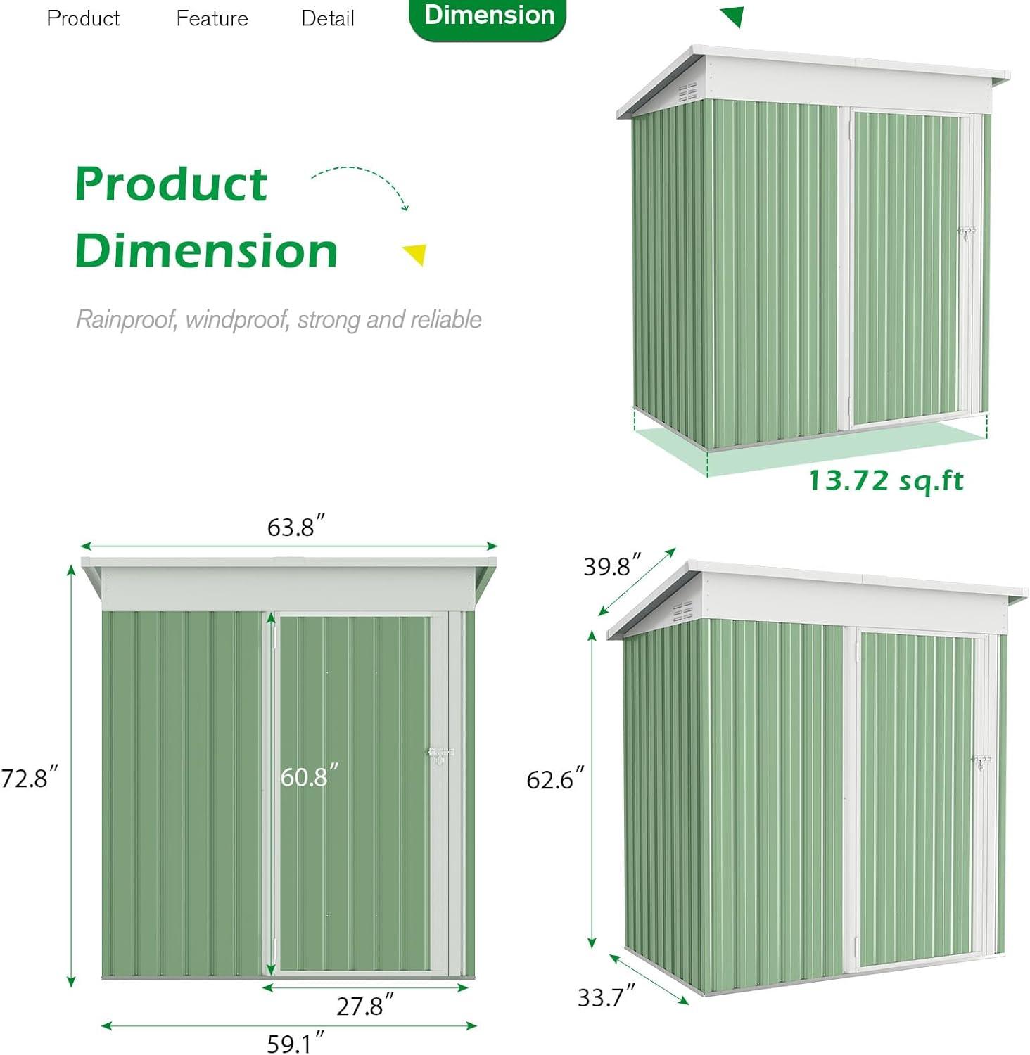 AECOJOY 5' x 3' Outdoor Metal Storage Shed with Lockable Door for Backyard in Green