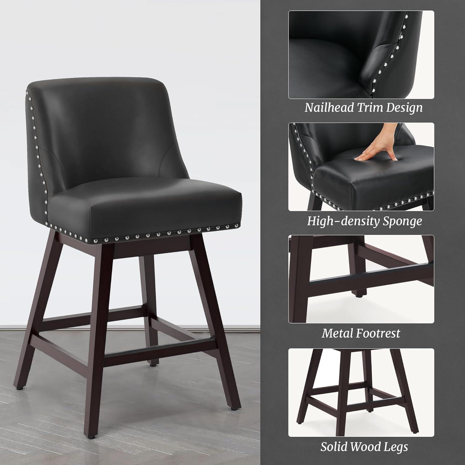 26 Inch Bar Stools Set of 2, Black Swivel Counter Stools with Back, Faux Leather Upholstered Barstools, Solid Wood Legs with Footrest, Modern Bar Stool for Kitchen Island, Dining Room, Pub