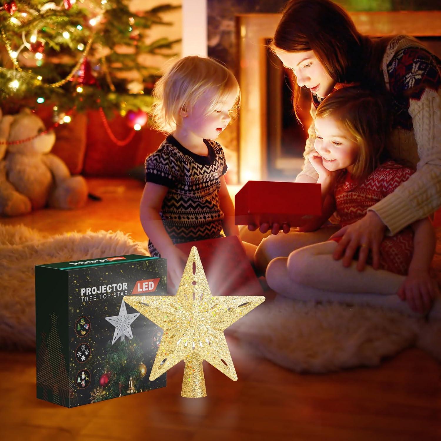 Christmas Tree Topper Lighted, 3D Rotating Pattern Projector for Xmas Tree Topper, 6 Pattern Projection Modes, Built-in LED Projection Light for Christmas Decorations