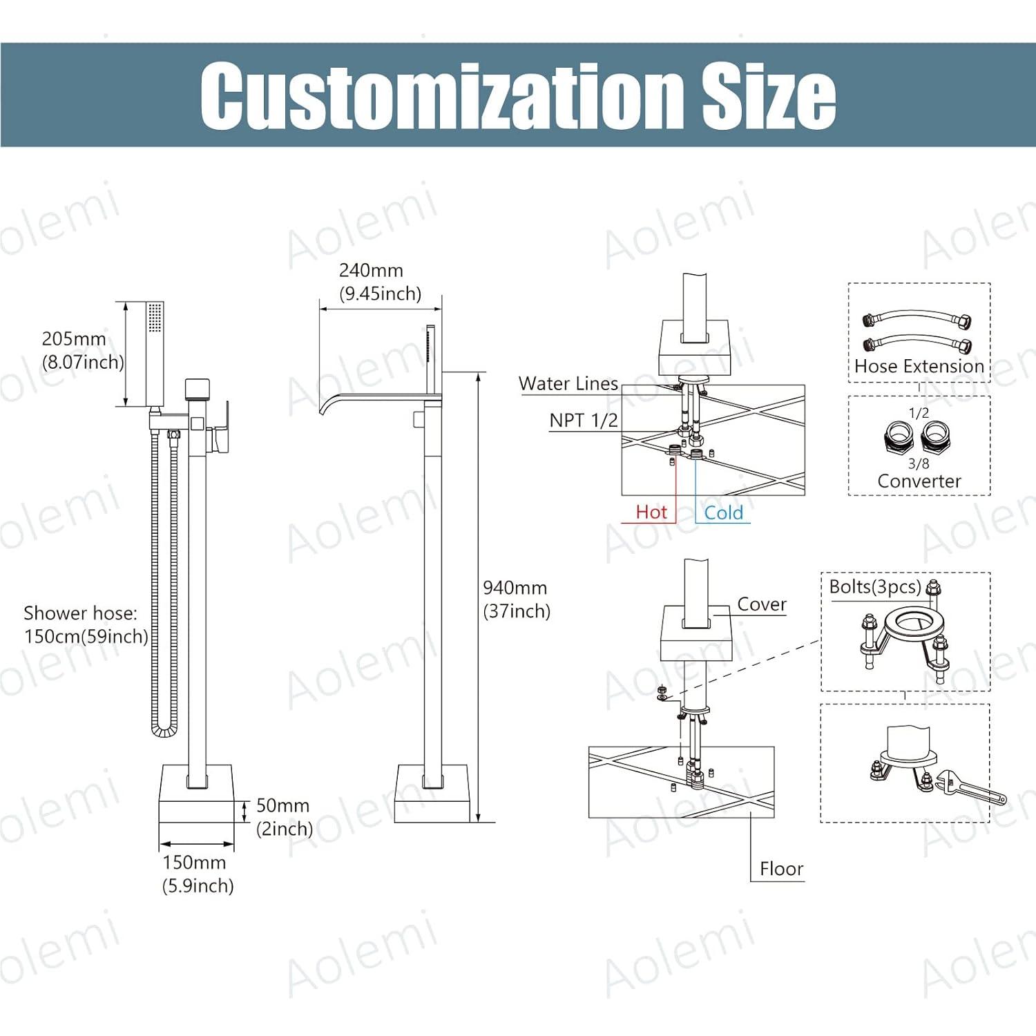 AlenArtWater Waterfall Tub Filler Freestanding Bathtub Faucet Floor Mount Brass Single Handle Bathroom Faucets with Hand Shower 93-LJQKCZ