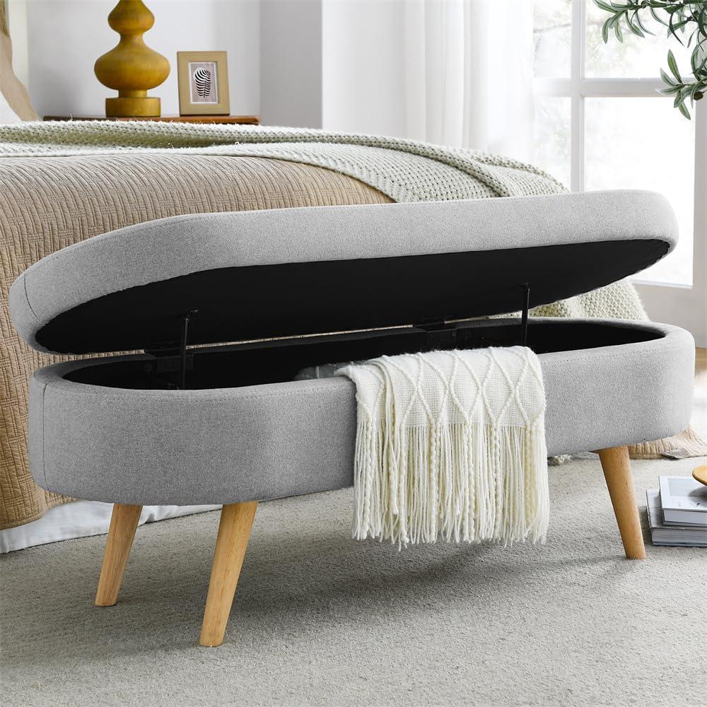 Sumdeal 43.5" Storage Ottoman Bench with 250lb Seating, Linen Upholstered Wood Legs Safety Hinge Flip Top Oval Foot Rest Long Stool for Sofa Couch Bedroom End of Bed Living Room Entryway, Grey