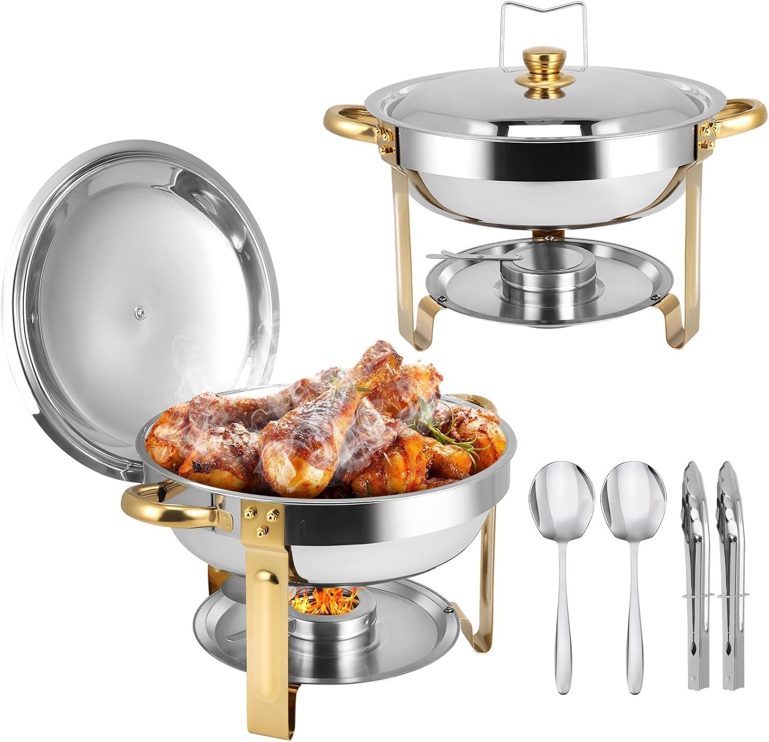 WhizMax Chafing Dish Buffet Set 2 Pack 5QT, Stainless Steel Round Chafing Dishes for Buffet with Lid Holder & Glass Lid, Gold