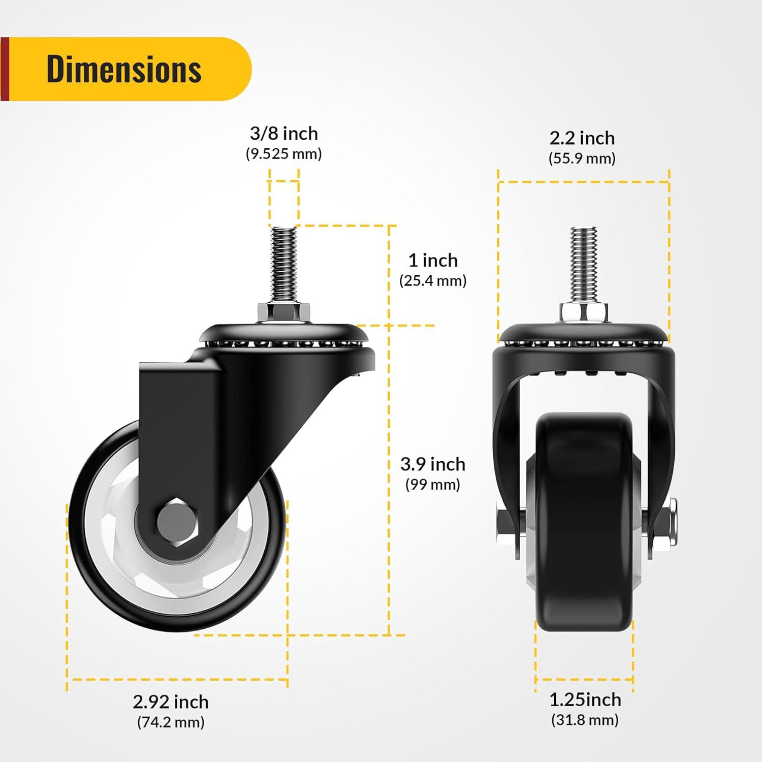 HOLKIE 3 inch Side Locking Stem Caster Wheels,3/8" -16 x 1-1/2" Threaded Swivel Casters Set of 4 Heavy Duty Casters,Black