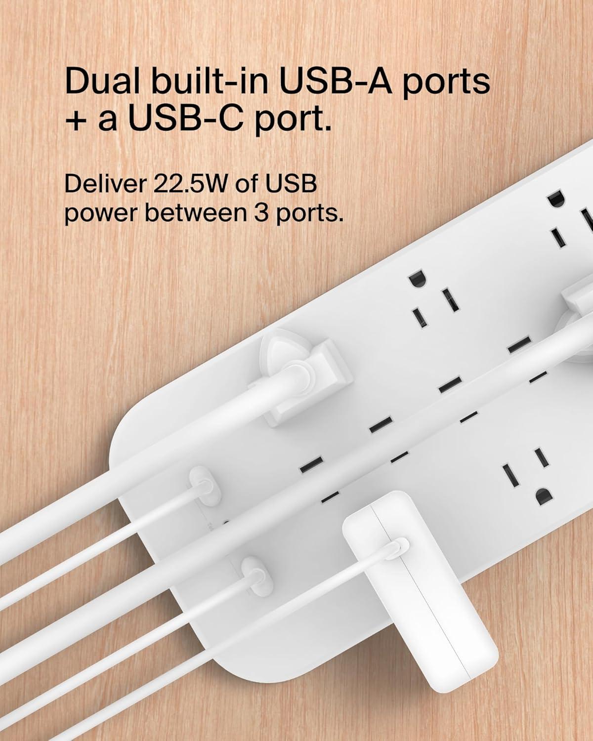 Belkin 12-Outlet Surge Protector Power Strip w/ 12 AC Outlets, 1 USB-C Port, & 2 USB-A Ports, 6ft Cable, Overload and Overvoltage Protection, and On/Off Power Switch - 4,000 Joules of Protection