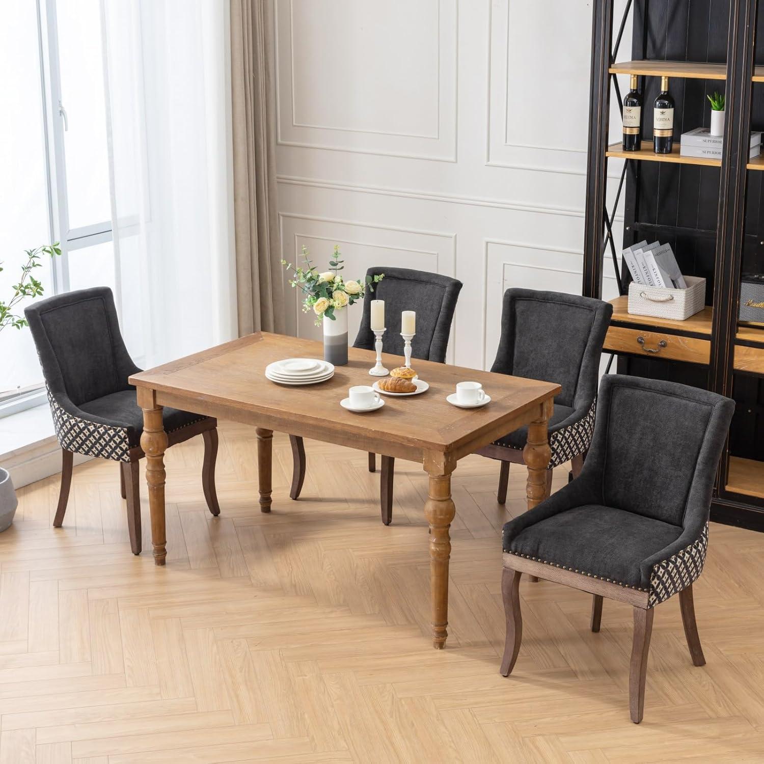 Upholstered Dining Chairs Set of 2, Solid Wood Kitchen Dining Room Chairs with Thicken Padded and Nailhead Trim for Home Kitchen Bedroom Black and Patterned
