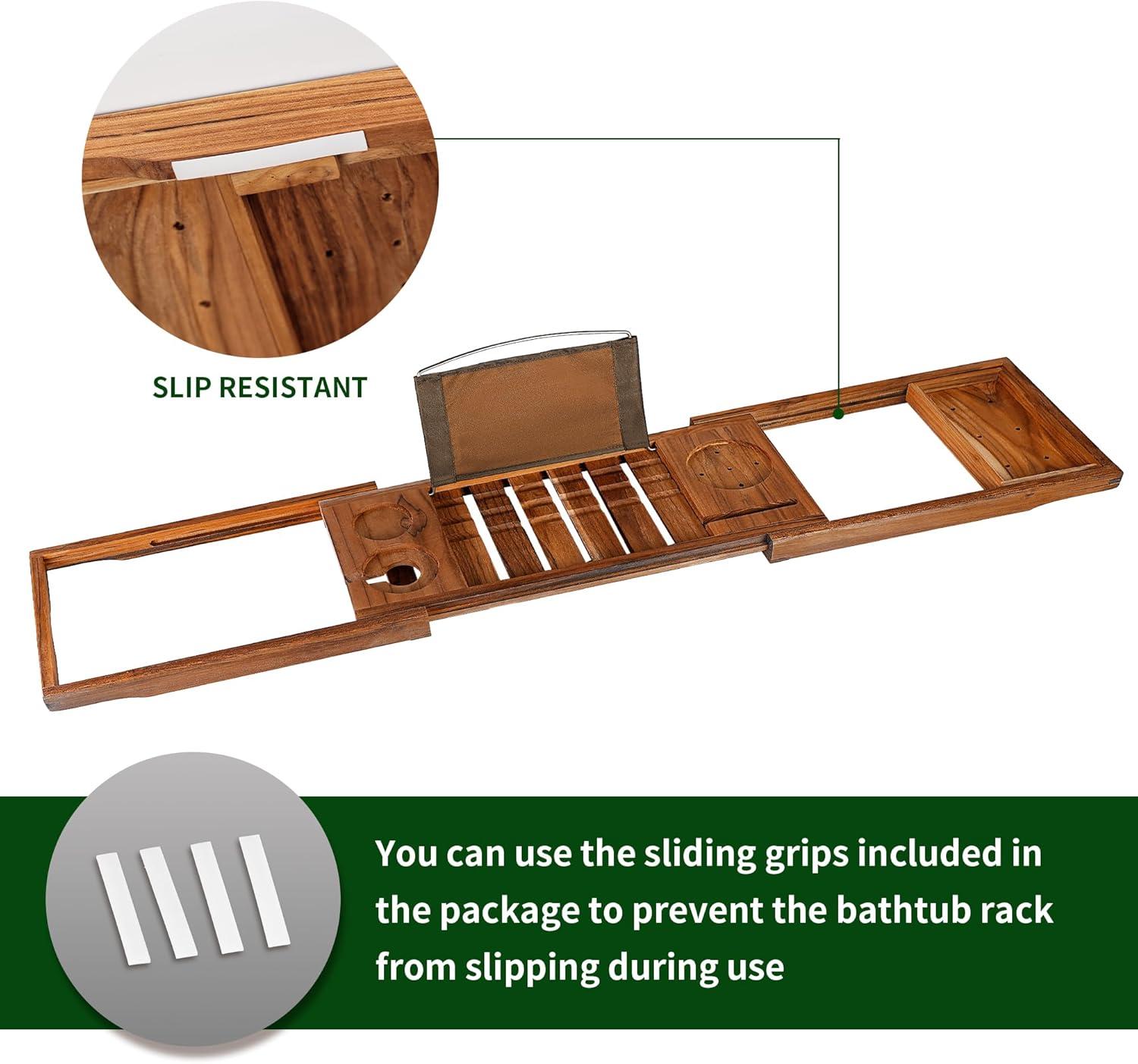 Teak Expandable Adjustable Bathtub Tray with Book and Wine Holder