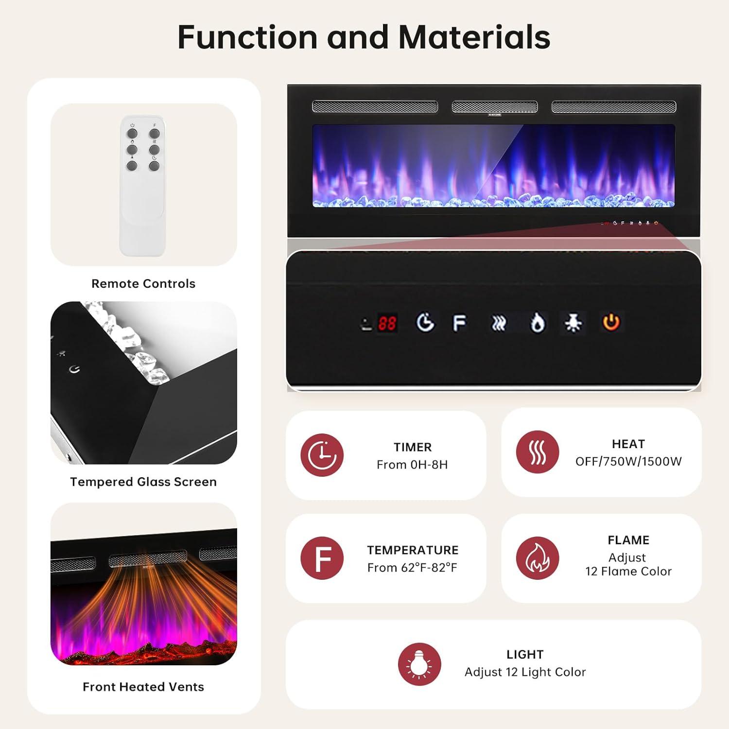 oneinmil Fireplace TV Stand with 36" Electric Fireplace, LED Light Entertainment Center, Modern Wood Texture Entertainment Stand with Highlight Storage Cabinet for TVs Up to 80", 70 inches, Black