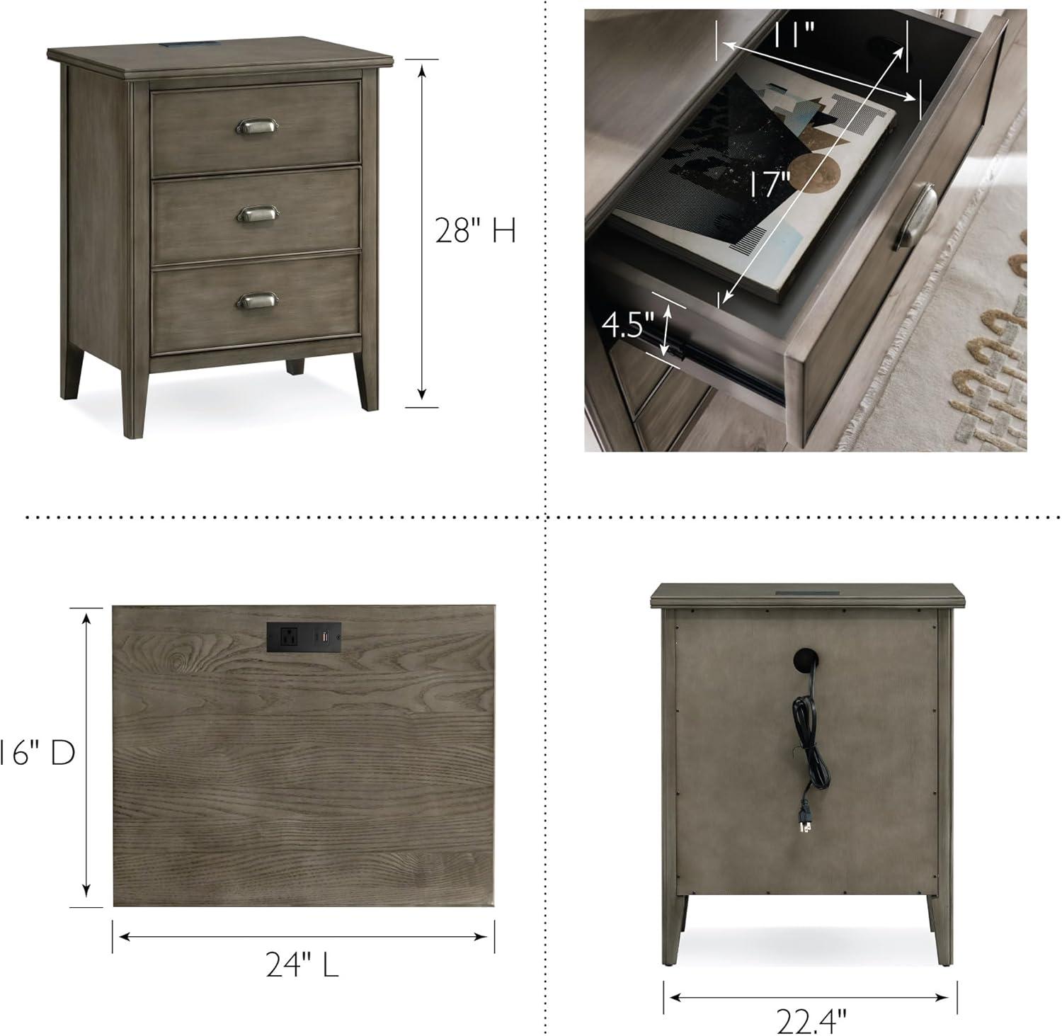 Leick Home 10522-GR Laurent Nightstand with Top Drawer, Behind Door Storage with USB-C Fast Charging Station AC/USB Charger, Smoke Gray Wash