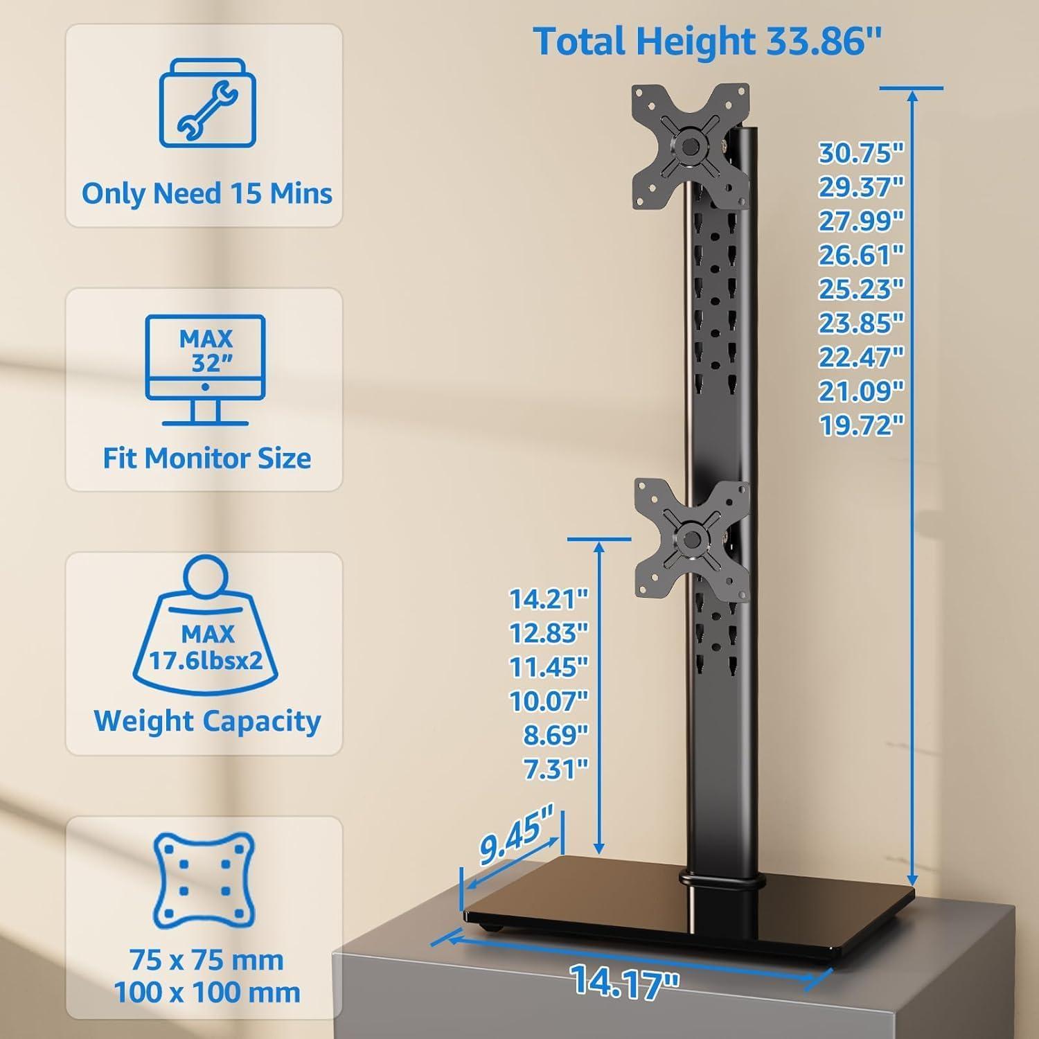 MOUNTUP Vertical Dual Monitor Stand, Stack Two Screens up to 32 inches,33 Lbs, Free-Standing Monitor Desk Mount, Monitor Riser with Swivel, Tilt, Height Adjustable, VESA Stand 100 x 100mm, 75 x 75mm
