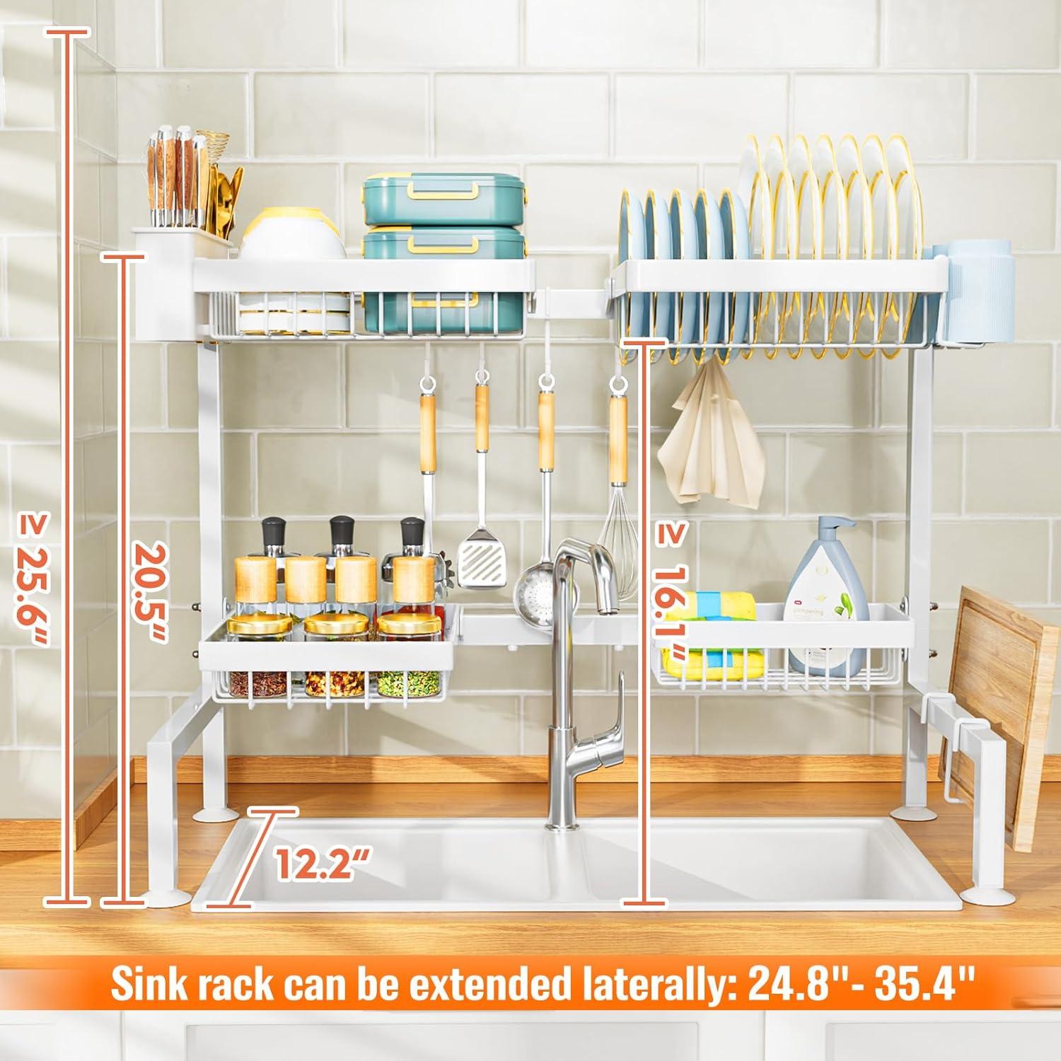 YKLSLH Over Sink Dish Drying Rack, Expandable Large Drying Rack, Suitable for Most Sinks (24.8"-35.4"), Adjustable Metal Rack, Space Saving, White