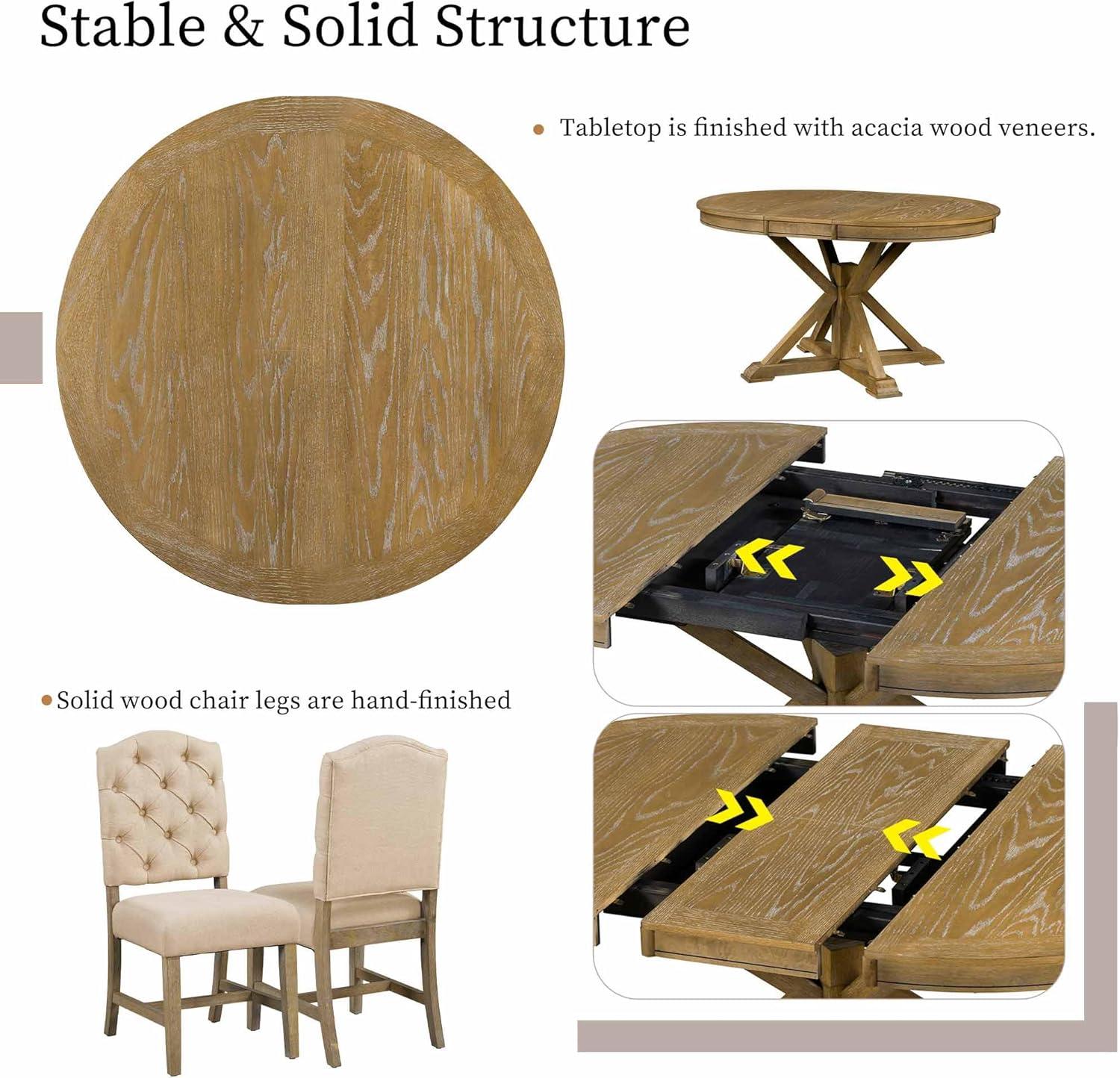 Bellemave Extendable Dining Table Set for 4, 5-Piece Round Table Set with 4 Chairs, Circle Table with Upholstered Chairs, Oval Kitchen Table Set with Extendable Table (Natural Wood Wash)