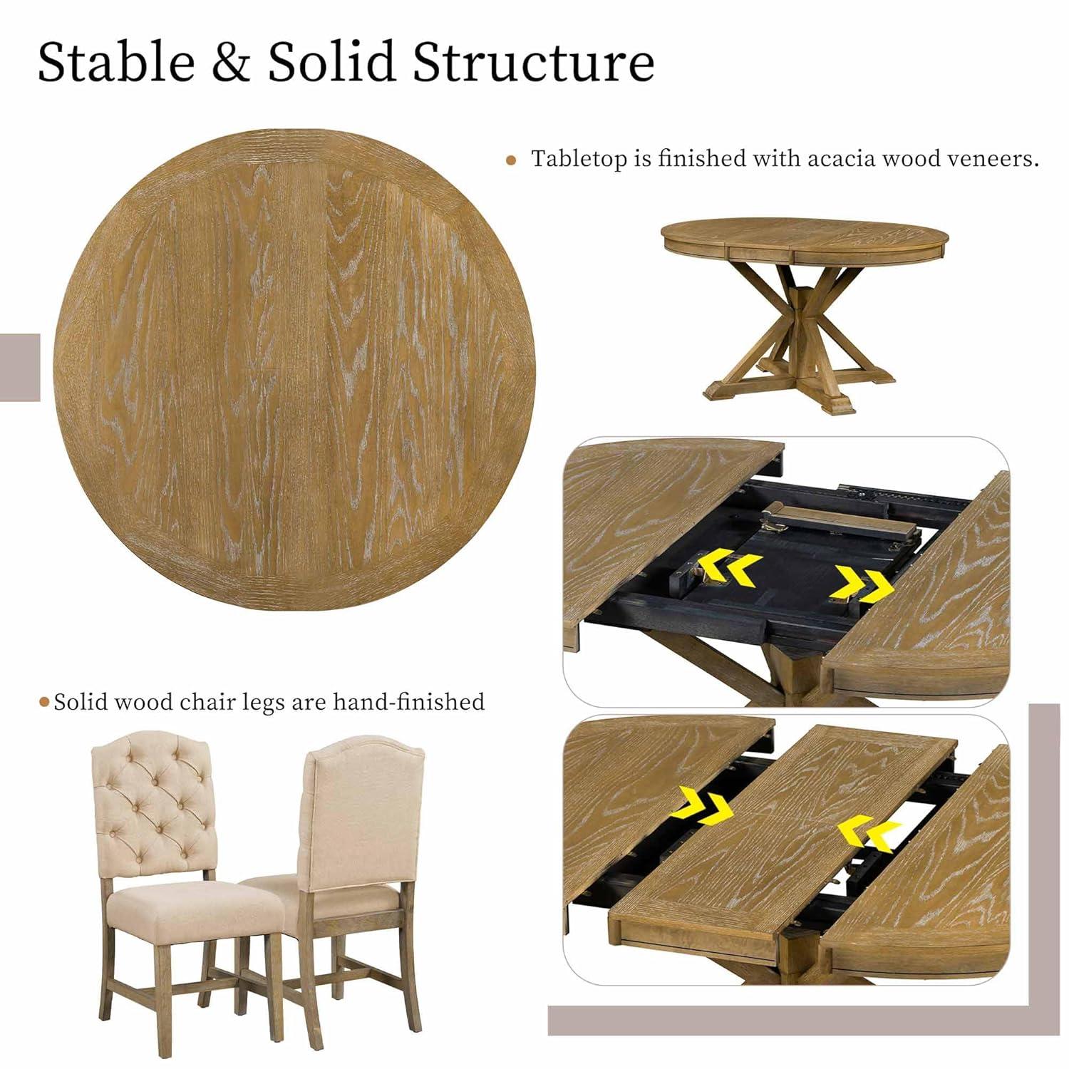 Bellemave Extendable Dining Table Set for 4, 5-Piece Round Table Set with 4 Chairs, Circle Table with Upholstered Chairs, Oval Kitchen Table Set with Extendable Table (Natural Wood Wash)