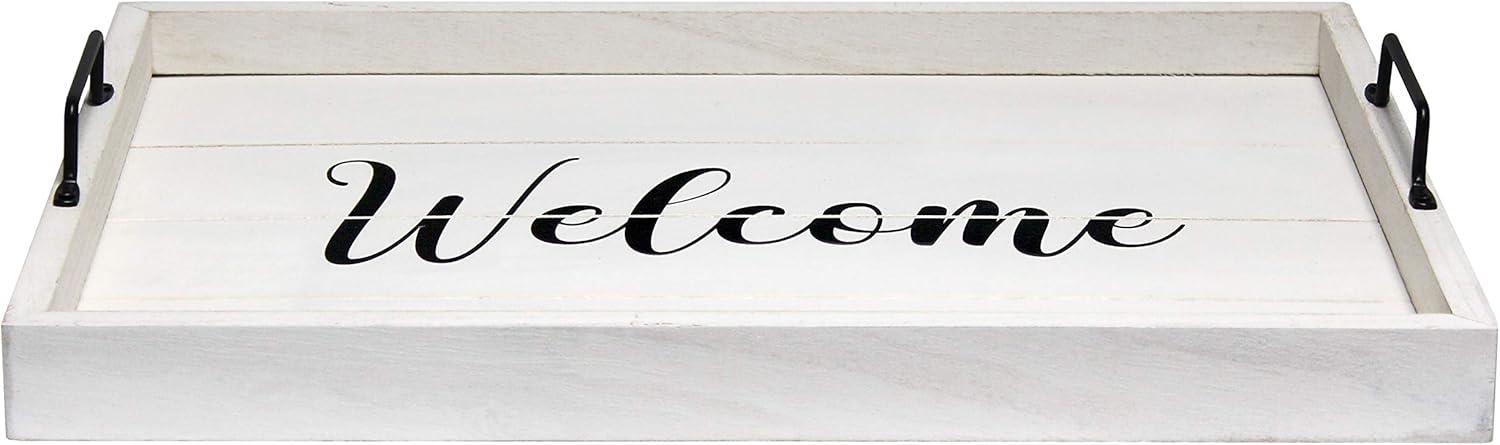 Elegant Designs 15.5" x 12" Decorative Wood Serving Tray, "Welcome", White Wash