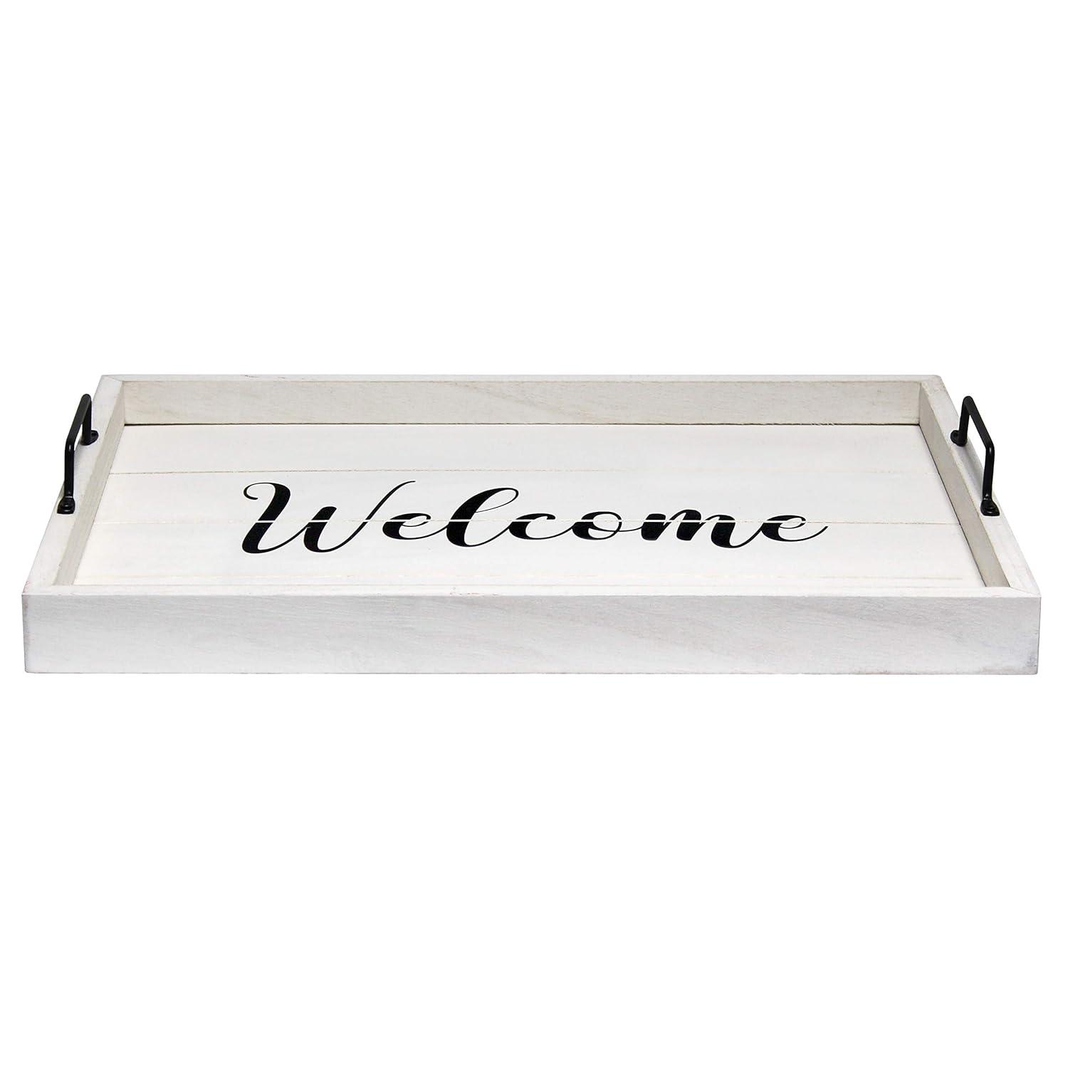 Elegant Designs 15.5" x 12" Decorative Wood Serving Tray, "Welcome", White Wash