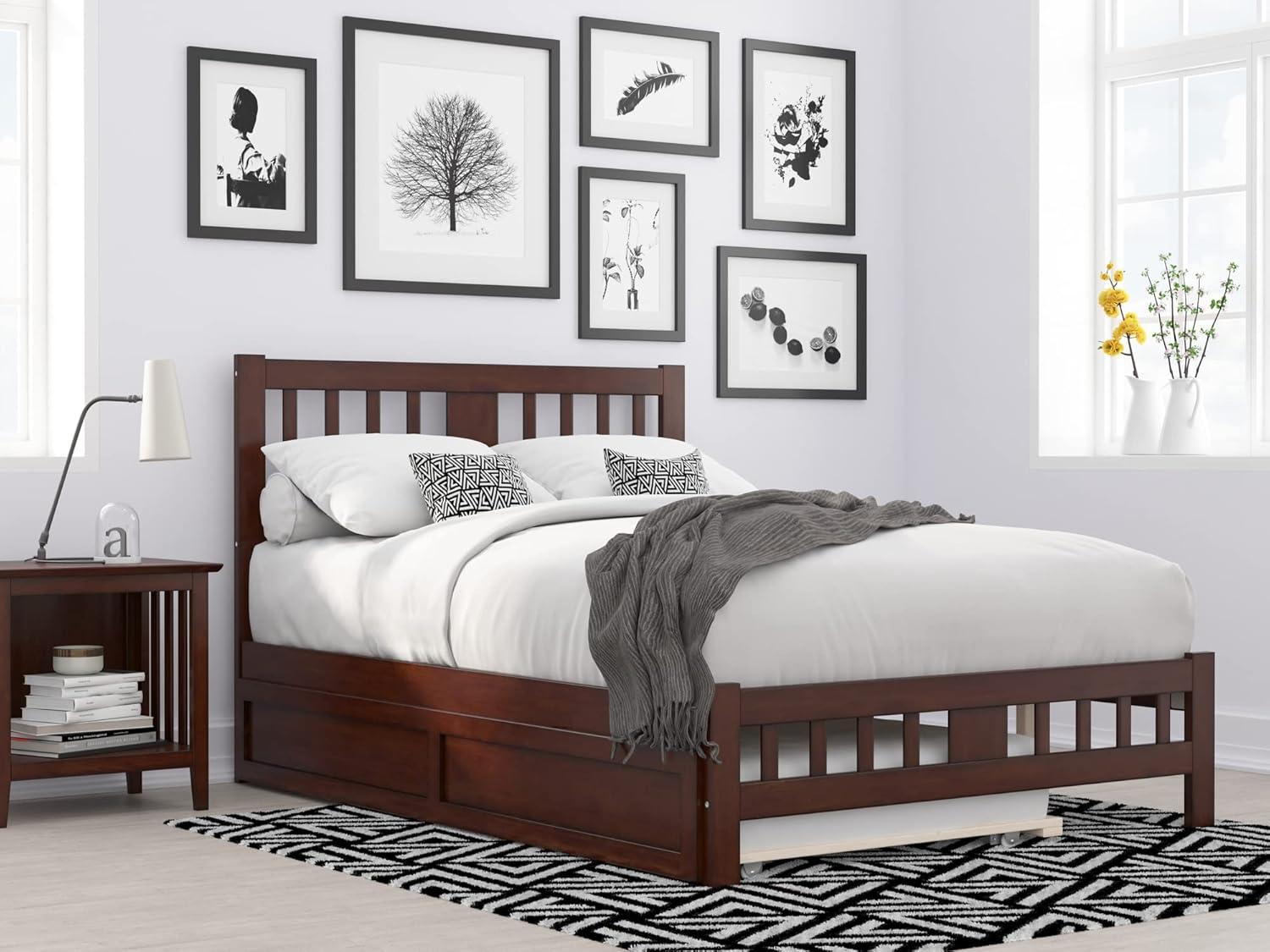 Walnut Full Size Mission Wood Platform Bed with Trundle