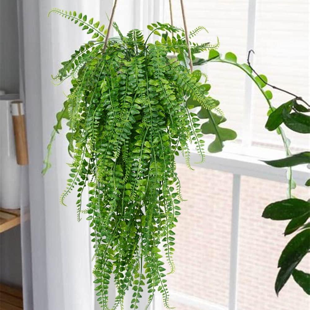 Artificial 2pack Fake Hanging Ferns Plant Faux Ivy Boston Outdoor UV Resistant Plastic (Green)