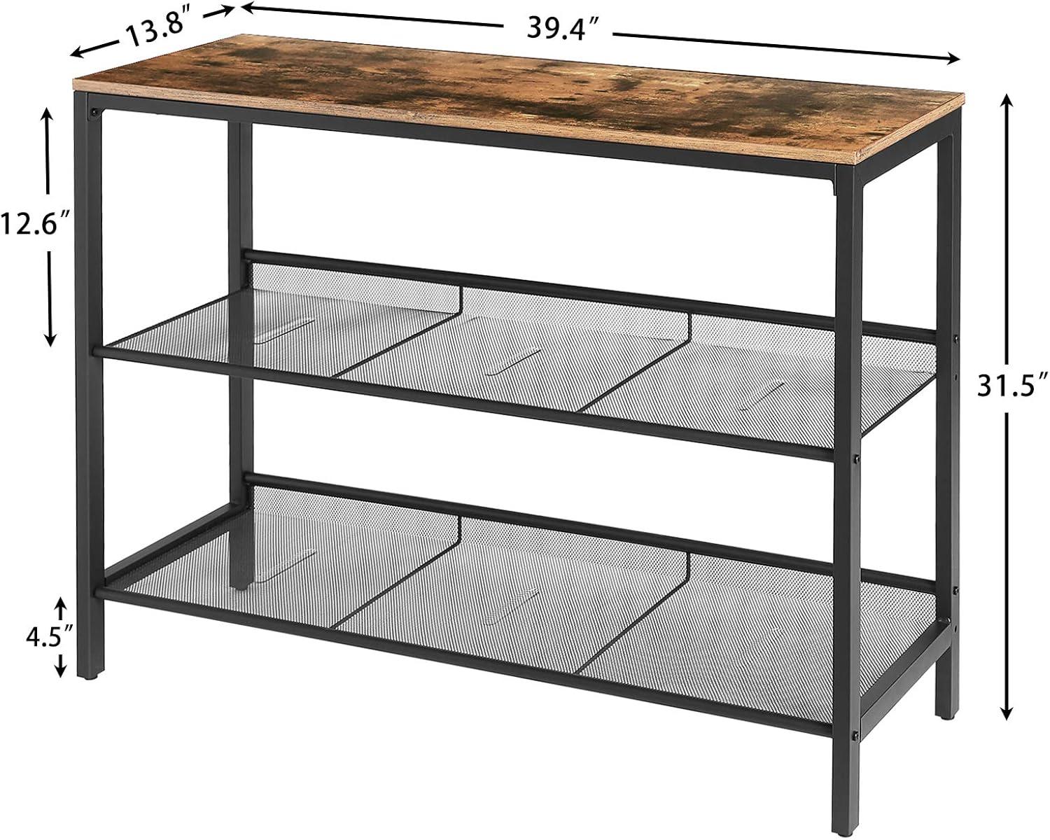 Rustic Brown and Black Console Table with Adjustable Mesh Shelves