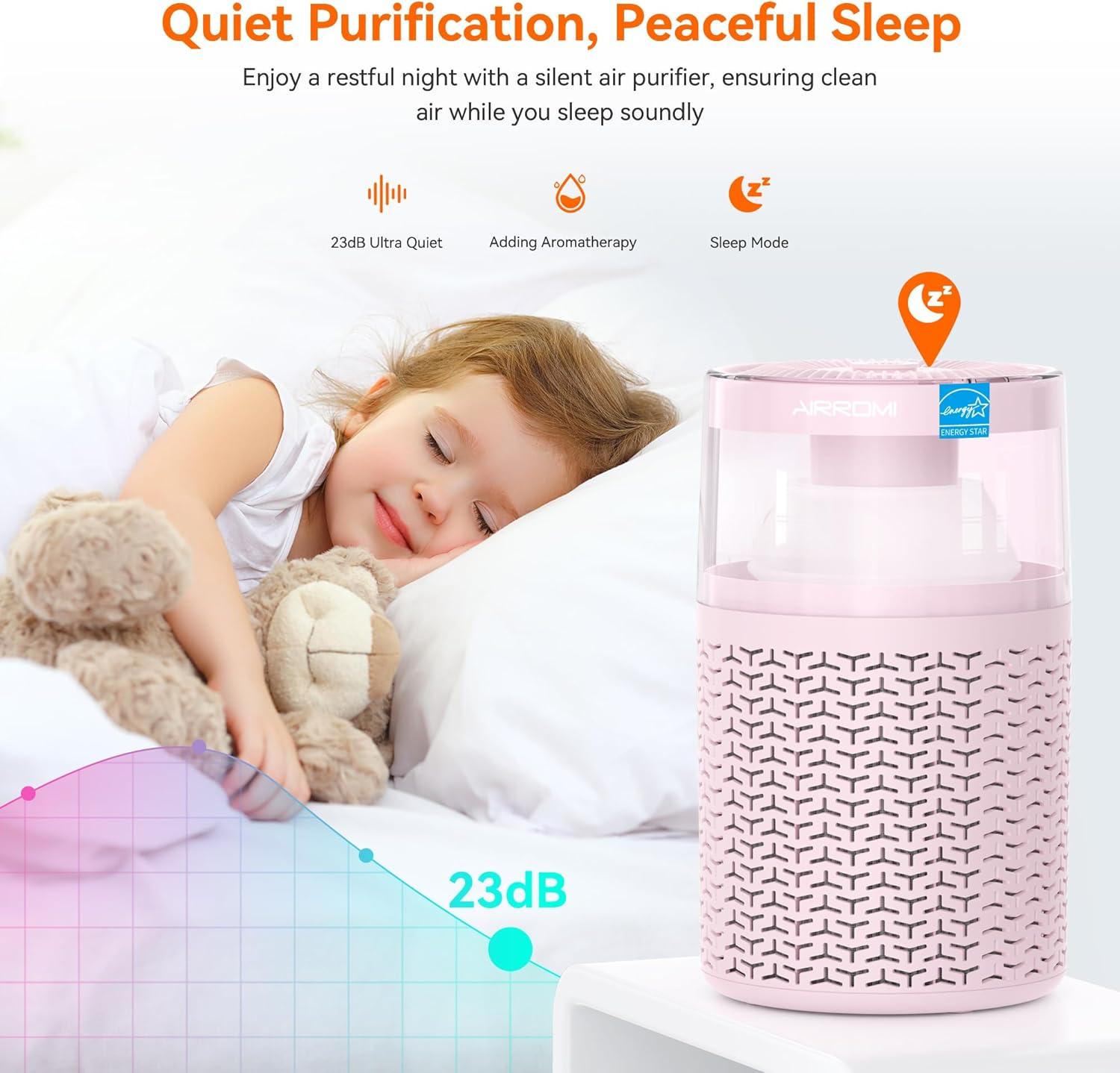 QUALITY FLOORING INC. Air Purifiers For Bedroom Home,Up To 658 Ft²,Activated Carbon Filter Cleaner,With Fragrance Sponge For Better Sleep,Night Light,Pet Dander,Allergies,Smoke,Odor,Desktop Air Cleaner