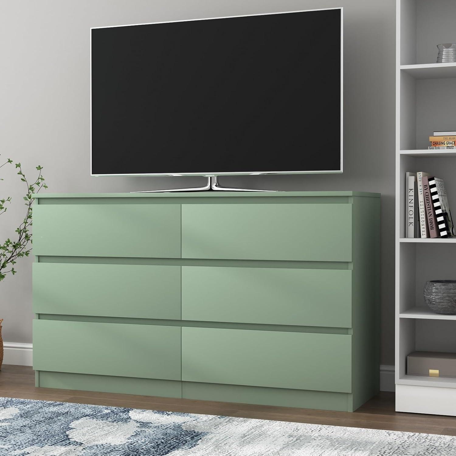 Green 6-Drawer Modern Wood Dresser