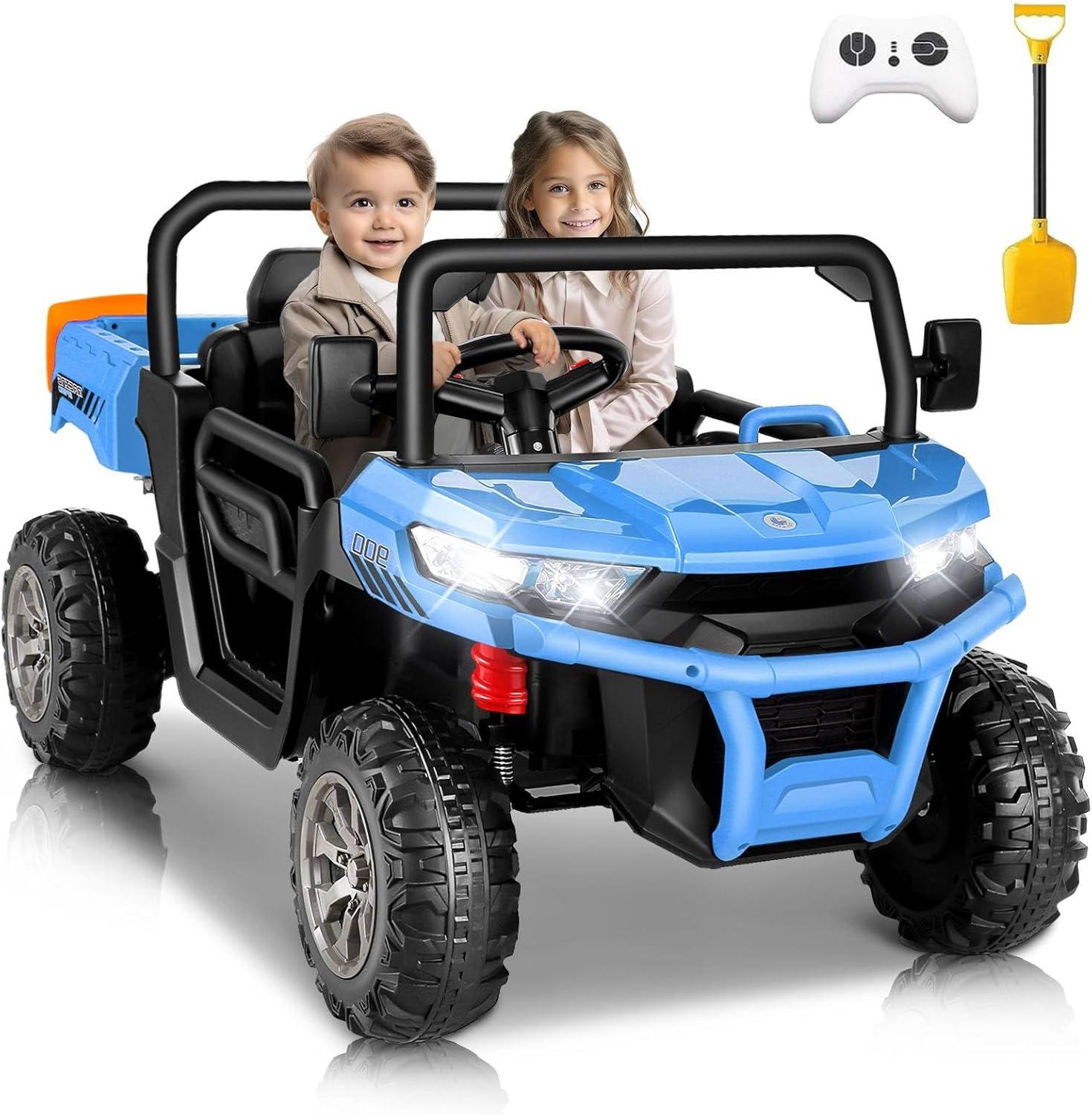 VIBESPARK 24 Volt Ride on Toys with Dump Bed, 2-Seater Ride on Dump Truck, 2×200W Electric Car for Kids Ride on UTV w/ Remote Control, Shovel, Bluetooth, Music, LED Light, 5MPH, Blue