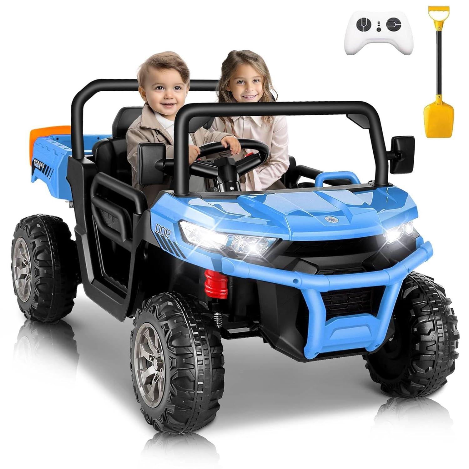 VIBESPARK 24 Volt Ride on Toys with Dump Bed, 2-Seater Ride on Dump Truck, 2×200W Electric Car for Kids Ride on UTV w/ Remote Control, Shovel, Bluetooth, Music, LED Light, 5MPH, Blue