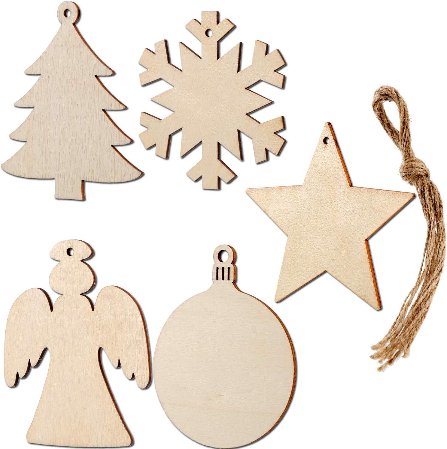 Homaful 50 Pcs Wooden Christmas Ornaments, Christmas Crafts for Kids, 5 Styles DIY Christmas Ornaments Kit with 50 Strings, Unfinished Wood Slice for Hanging Holiday Decoration