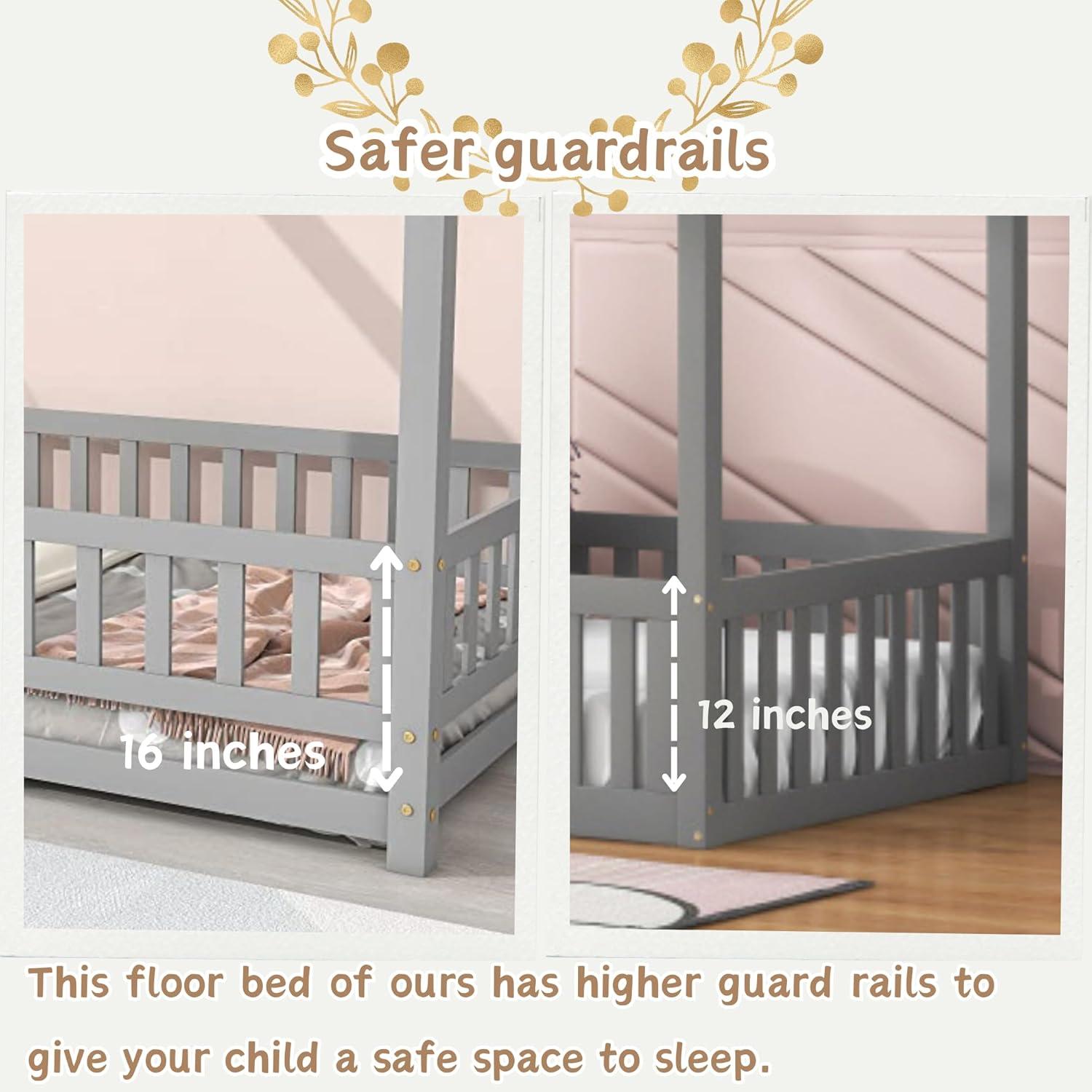 Twin Floor Bed for Kids, Wooden House Bed Frame with Roof, Fence Guardrails, Montessori Bed for Toddlers Girls Boys, Gray