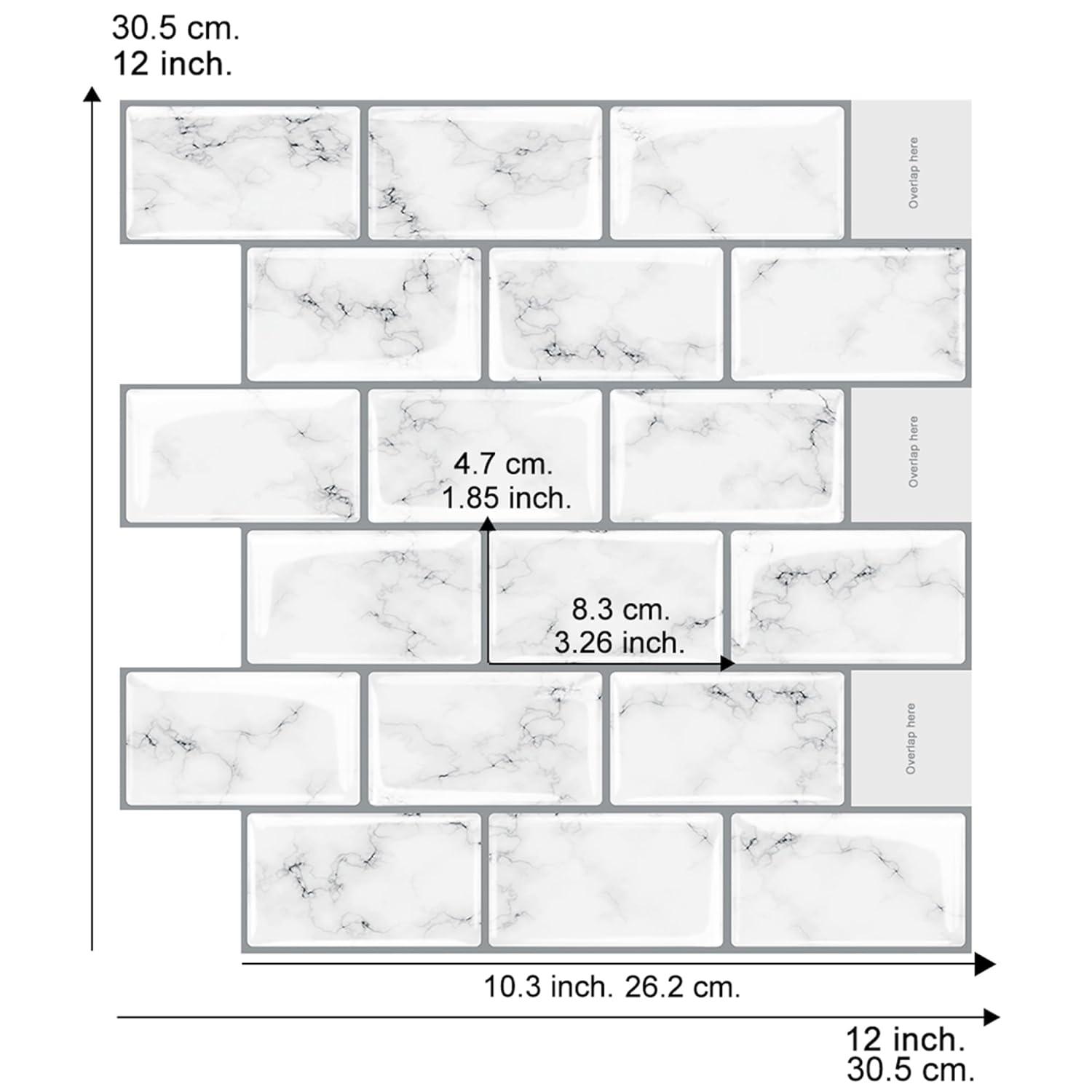 12" x 12" Vinyl Backsplash White Marble Peel & Stick Subway Tile