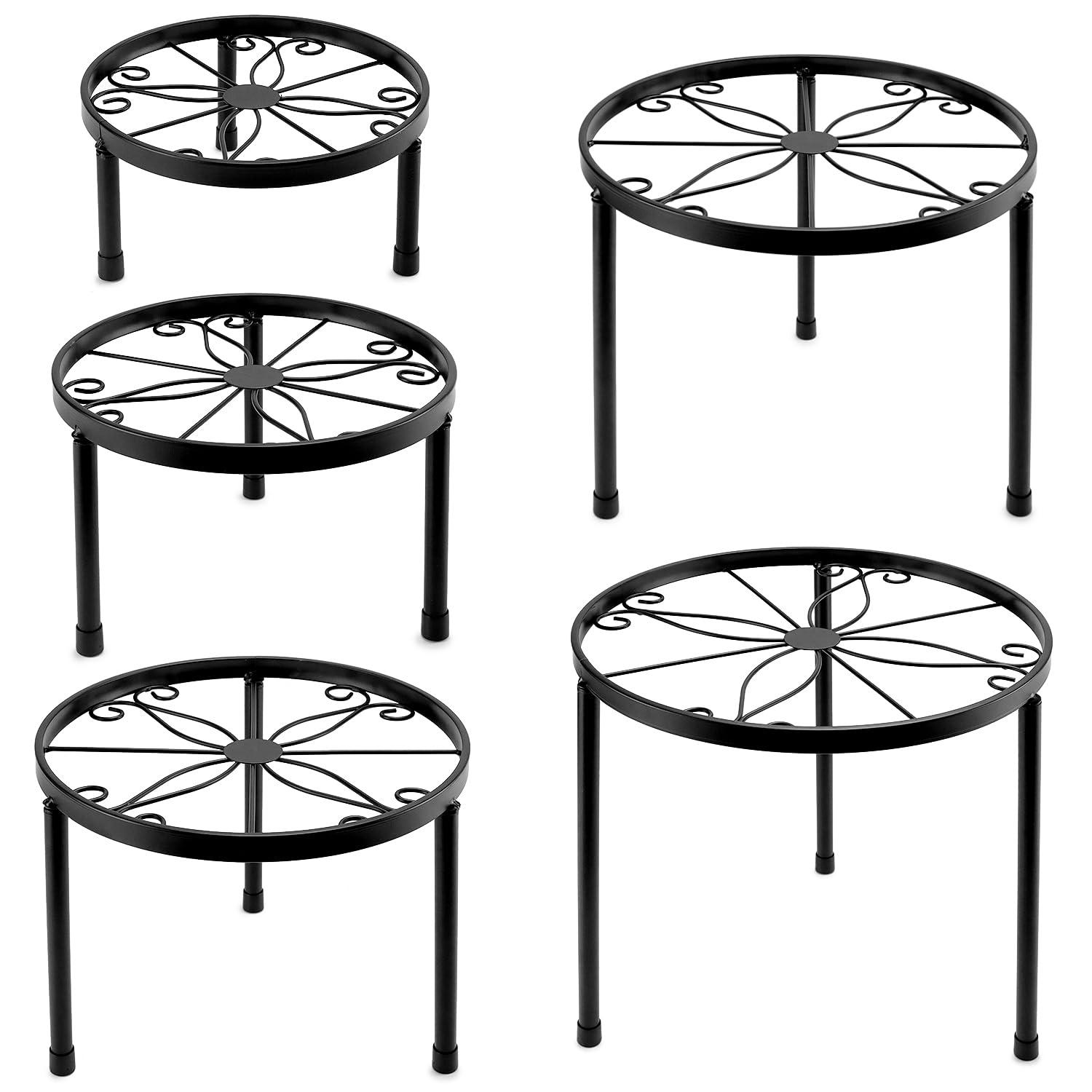 QWORK 5-Pack Metal Plant Stands, Black, Versatile Indoor and Outdoor Display with Rustproof Coating, Up to 130 lbs
