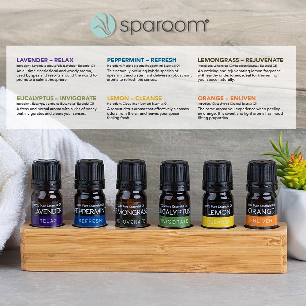 SpaRoom 100% Pure Essential Oils Set; Perfect for Aromatherapy, Diffusers, Humidifiers and Home Care, Spa Day Set of 6 with Bamboo Holder
