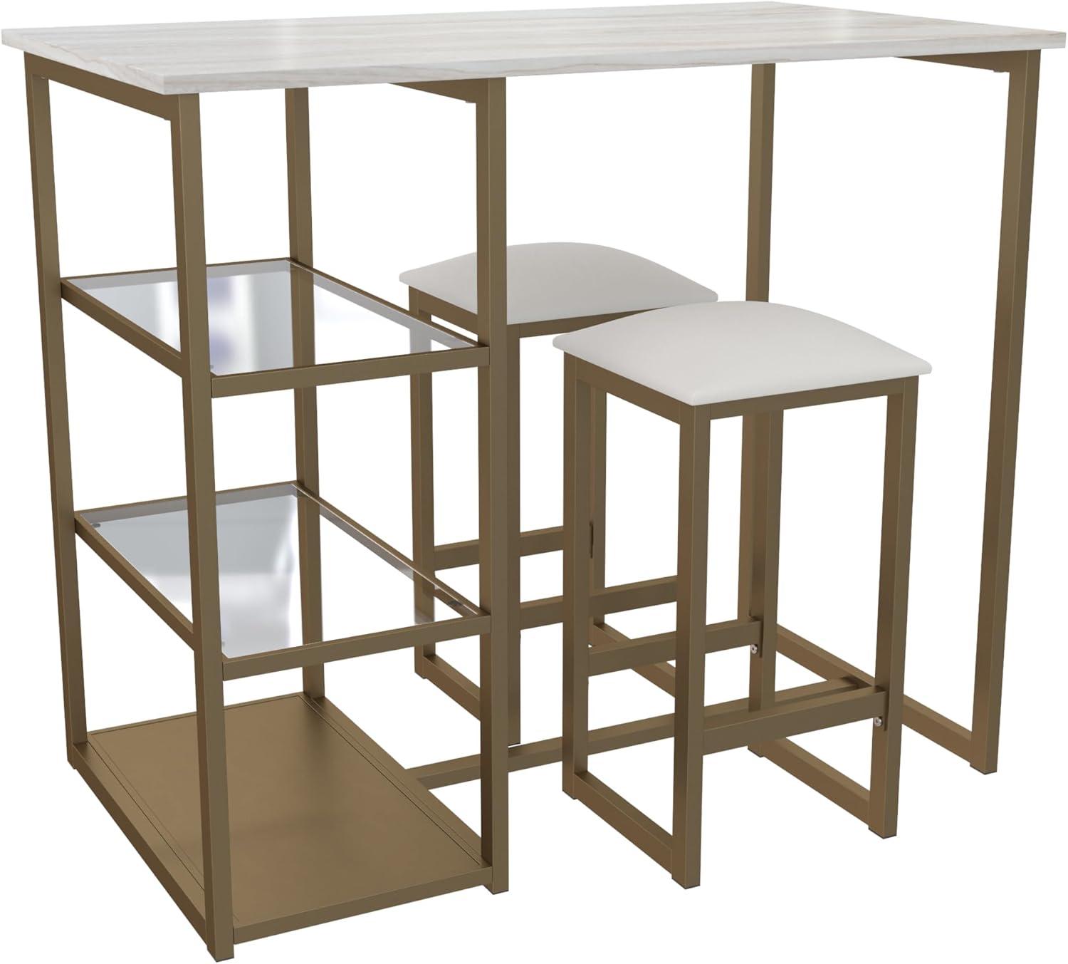 Sleek Brass & Faux Marble Pub Set with Glass Shelves, White