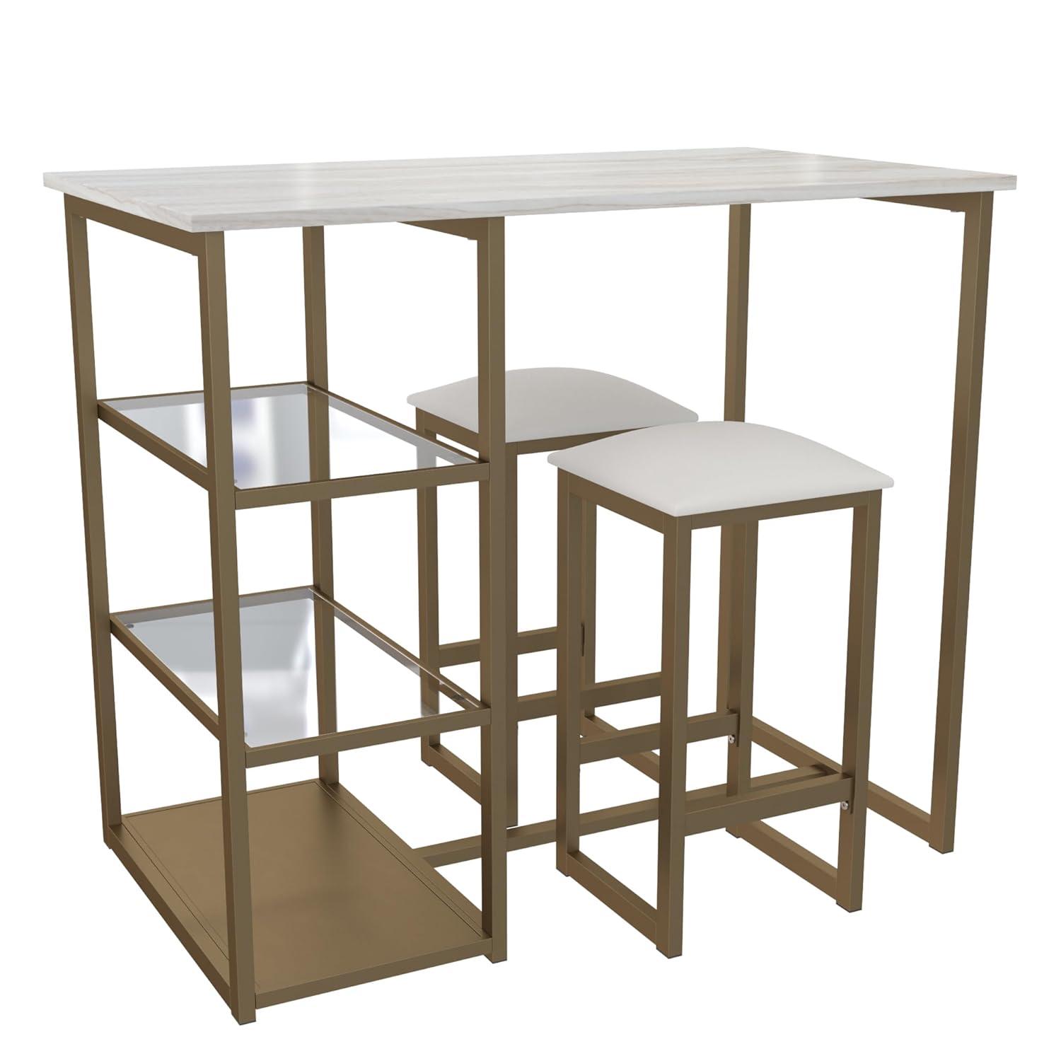 DHP Tanner 3-Piece Brass Counter Height Set with Faux Marble Top, White