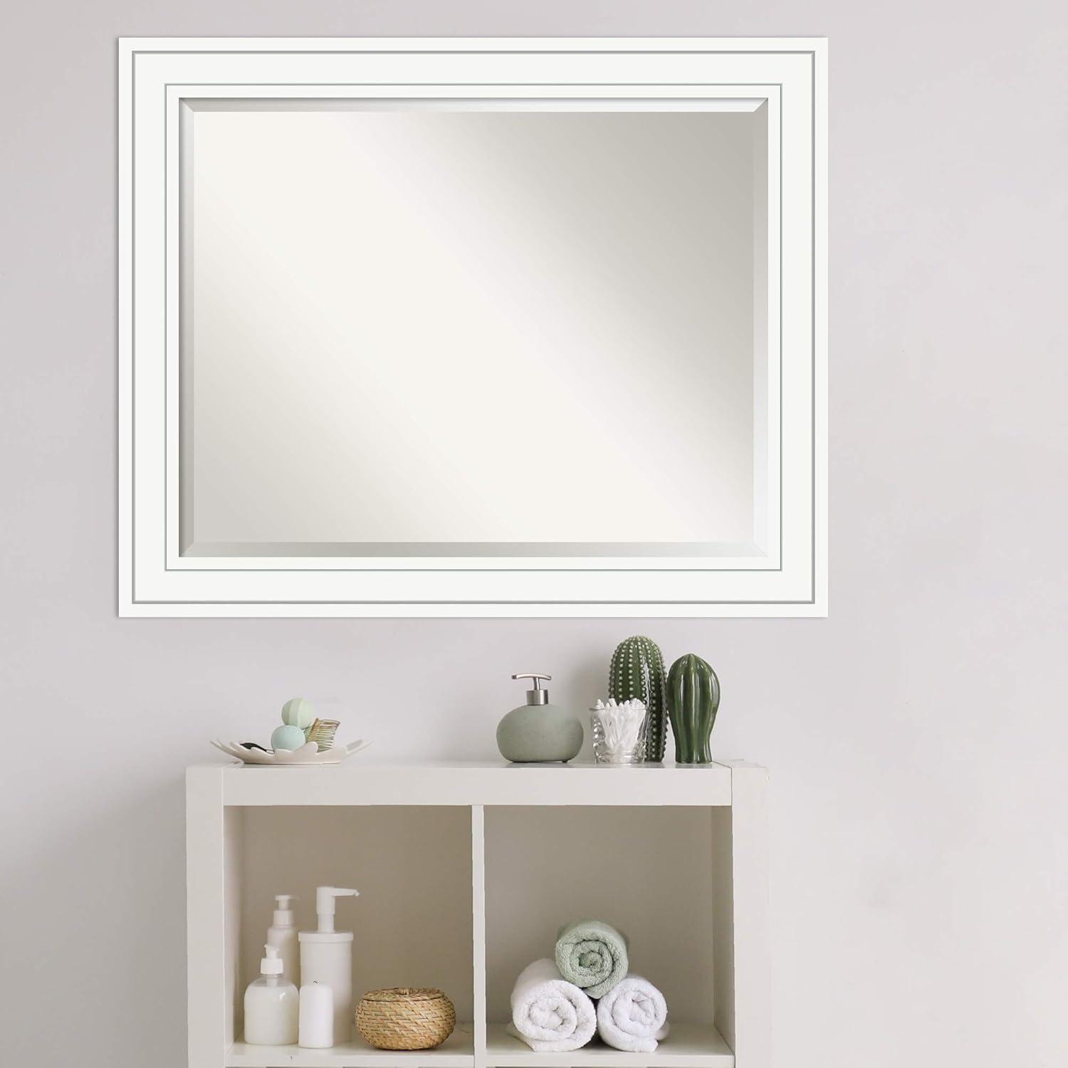 Amanti Art Beveled Wood Bathroom Wall Mirror - Craftsman White Frame - Outer Size: 33 x 27 in