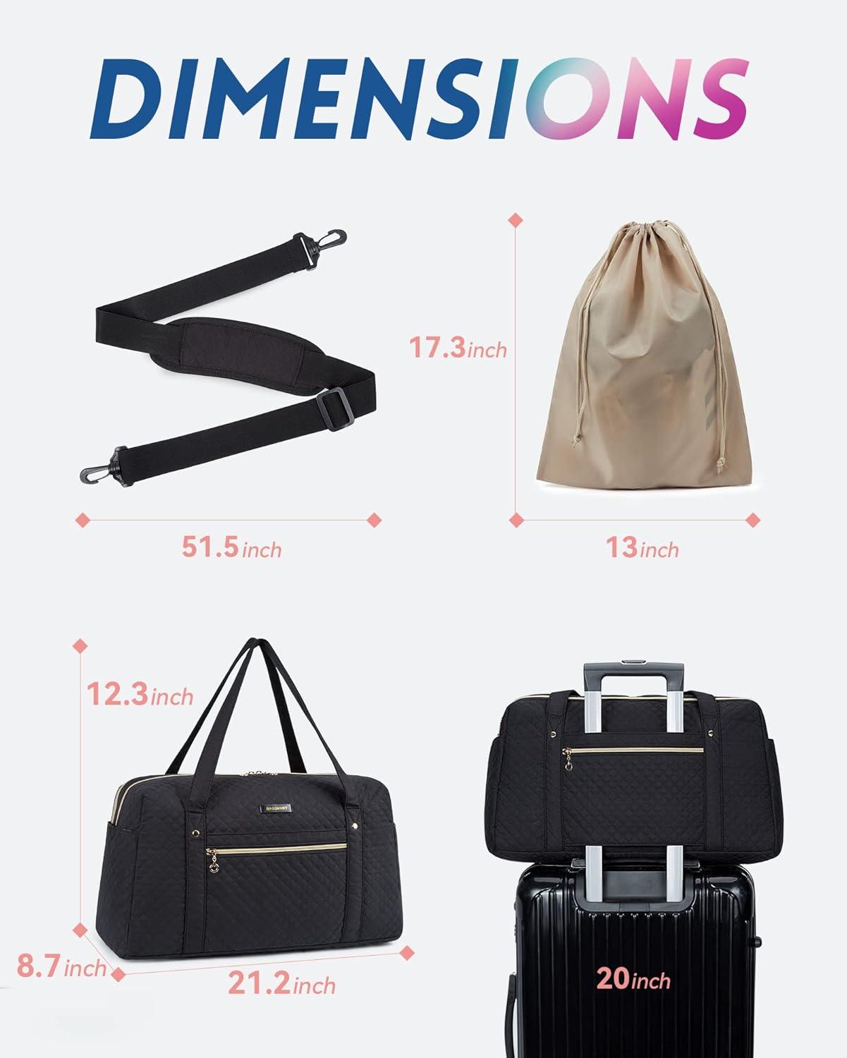 Travel Duffle Bag, BAGSMART 3 Pcs Set Weekender Overnight Bag for Women with Makeup Bag & Clear Toiletry Bag, Carry On Bag with Shoe Compartment for Travel, Business Trips(Black)