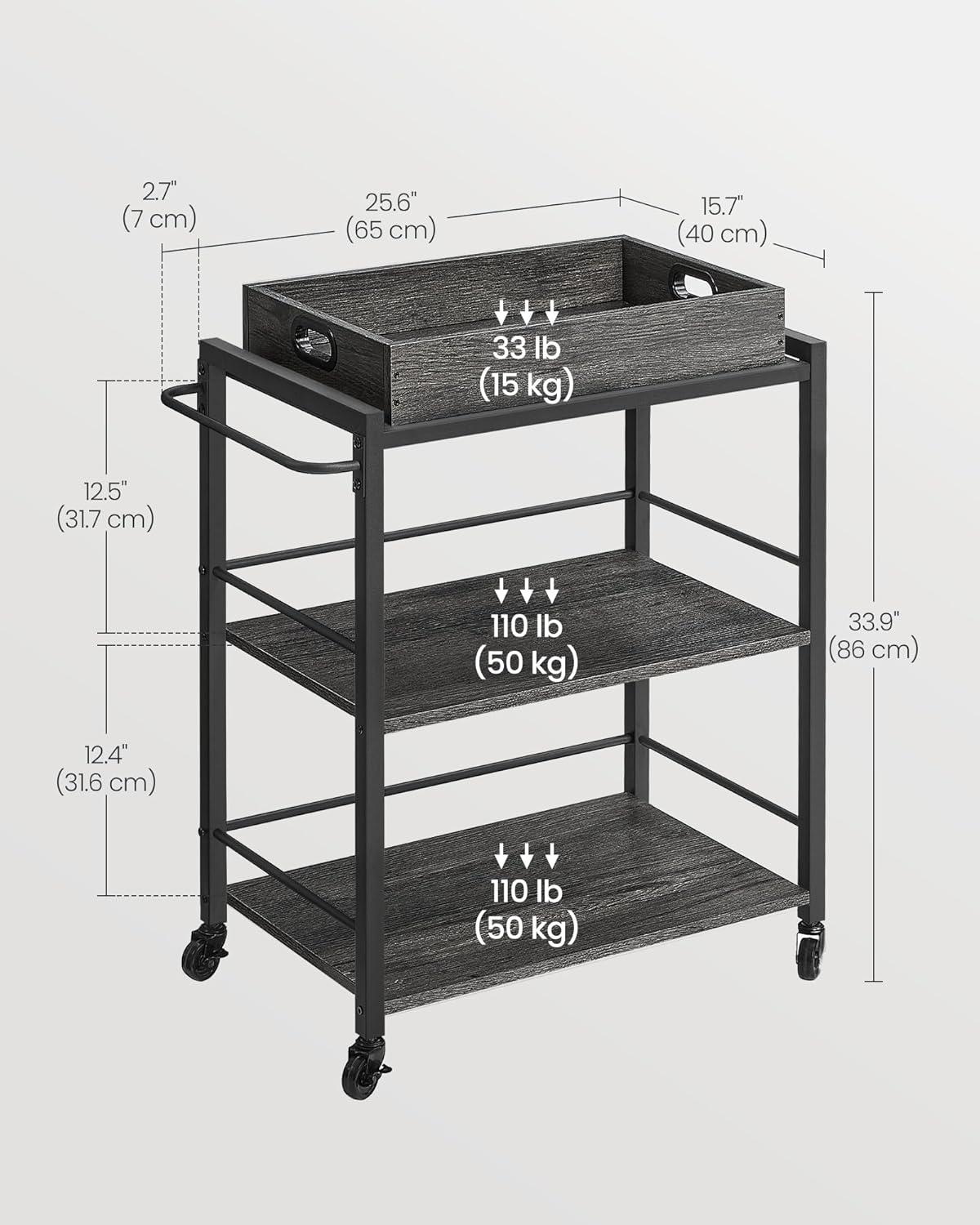 VASAGLE 3-Tier Bar Cart, Home Serving Cart with Removable Tray and Storage Shelves, Gray and Black