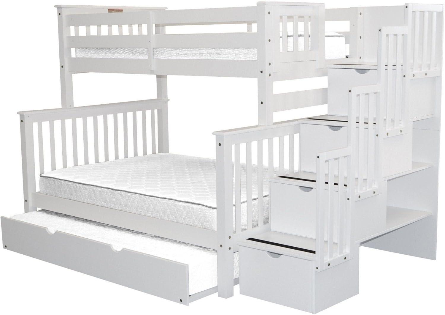 Bedz King Stairway Bunk Beds Twin over Full with 4 Drawers in the Steps and a Twin Trundle, White